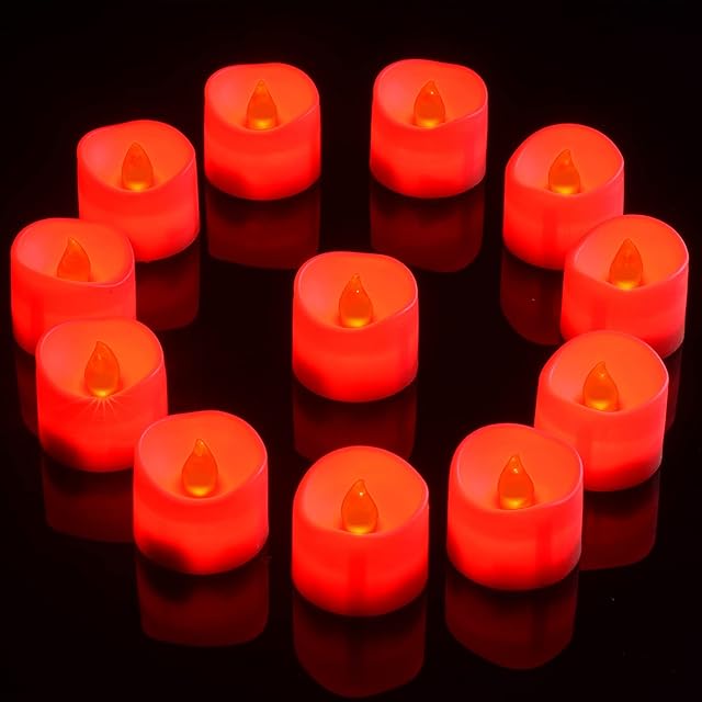 PChero LED Flameless Red Tea Lights, 12pcs Battery Operated Flickering Votive Candles for Home Bedroom Party Festival Christmas New Year Decoration  Red (No Timer Function)