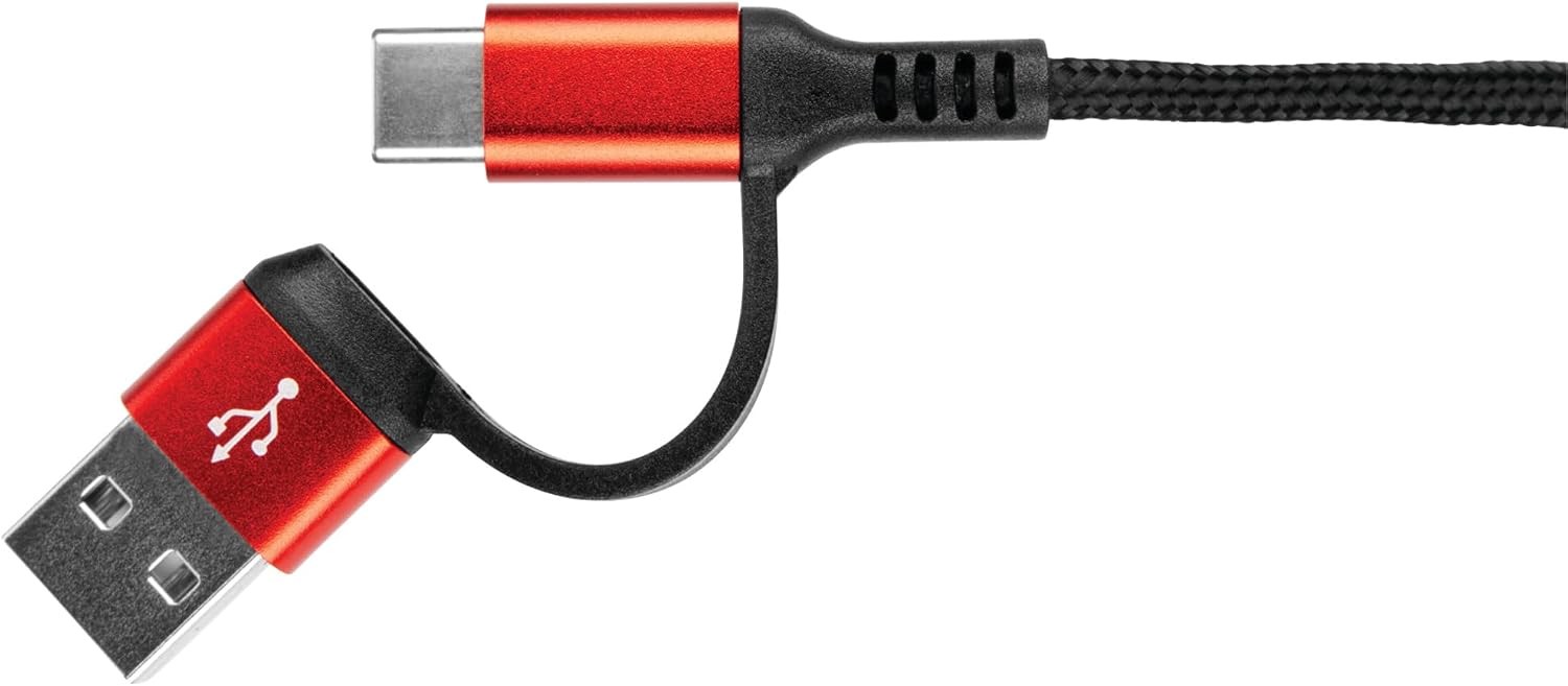 Performance Tool W492 USB-C 2-in-1 Charging Cable, 40 in. (1 m) Length, Braided Nylon Cable, Quick Charging and Data Transfer, Black/Red