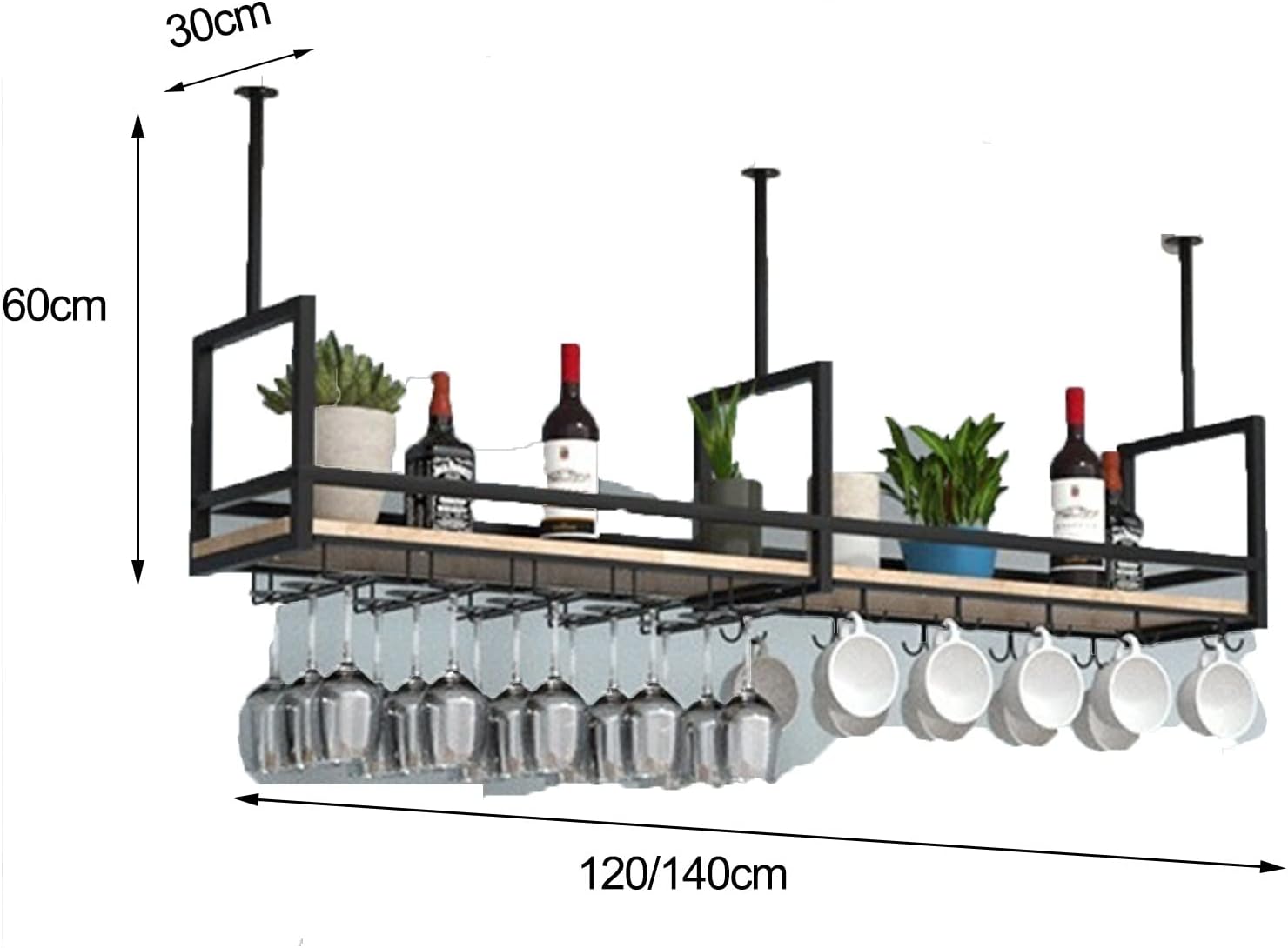 Hanging Wine Glass Holder Ceiling Mounted Shelf with Guardrail Black Wrought Iron and Solid Wood Wall Storage Display for Bar Kitchen Pub 120 * 30 Size