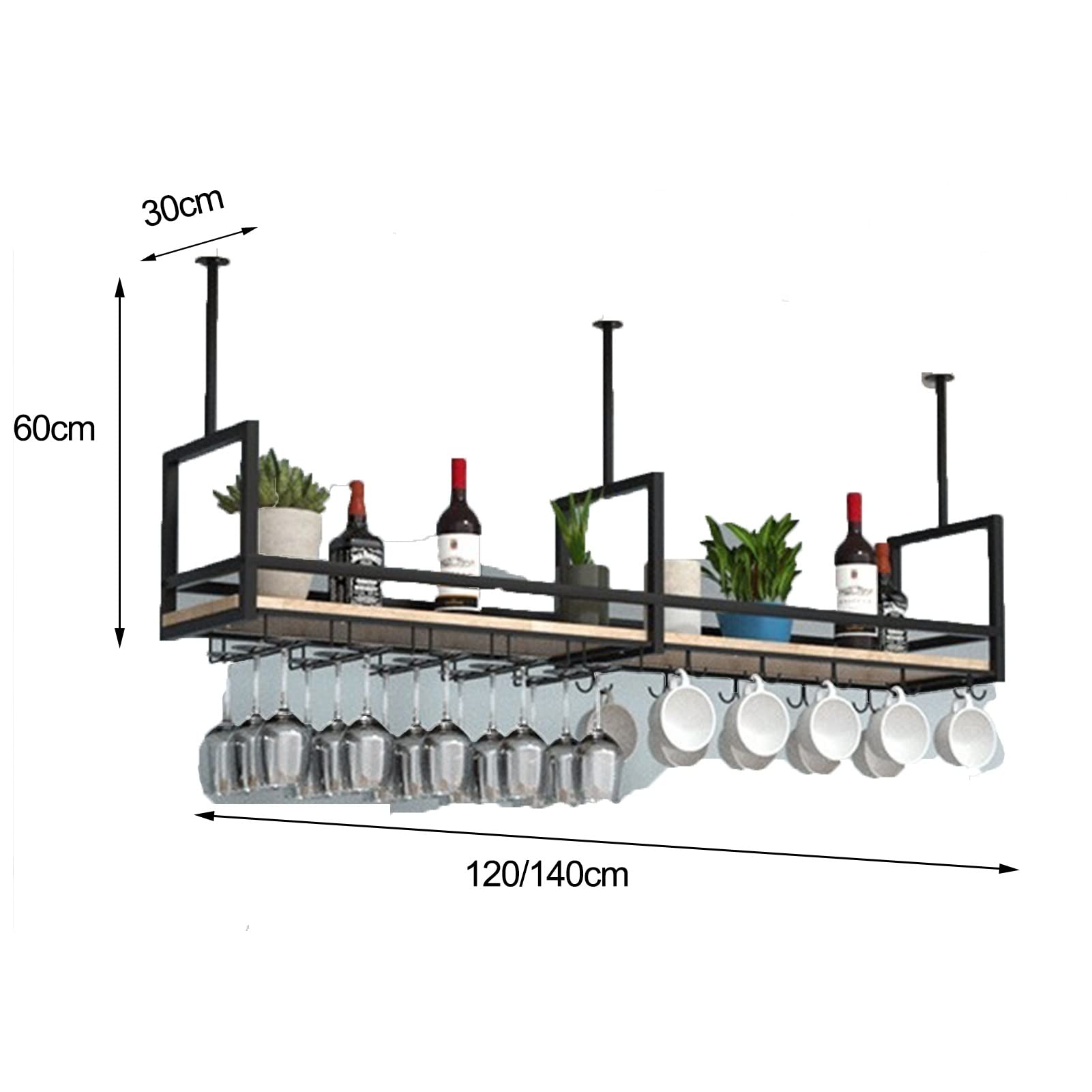 Portabicchieri da Vino da soffitto e scaffale in Legno massello - Scaffale Multifunzionale in Metallo per Bar/Cucina - Perfetto organizzatore per l'esposizione del Vino