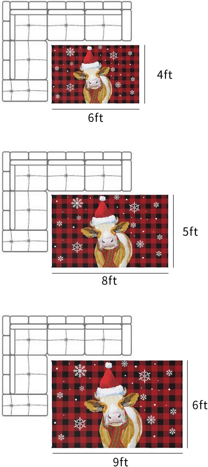 Christmas Red Black Plaid Area Rug 4' x 6', Outdoor Rugs for Patio Rug Carpet for Sofa Living Room Bedroom, Large Floor Mat and Rug for RV, Backyard, Deck, Picnic, Cattle with Xmas Hat