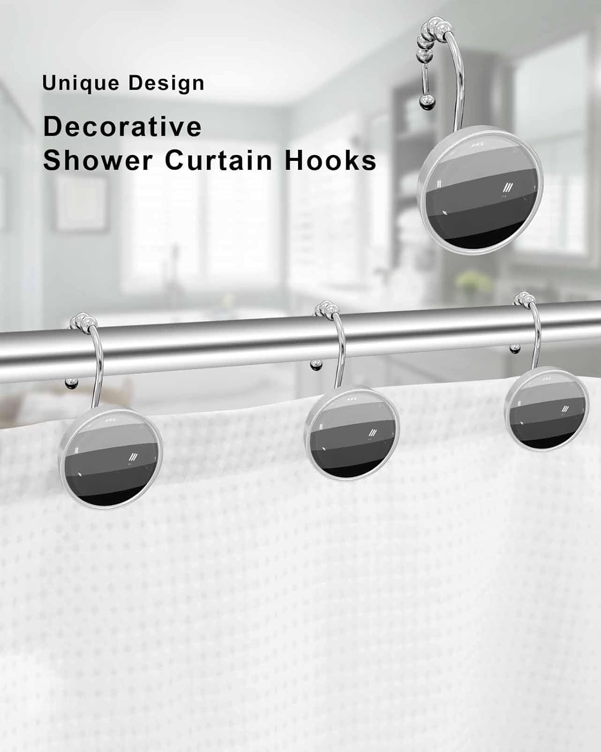 Shower Curtain Hooks 12 Pcs Black and Grey Striped Gradient Rustic Wood Board Stainless Steel Rust Proof Rolling Shower Curtain Rings, Decorative Shower Curtain Hooks Hangers for Bathroom