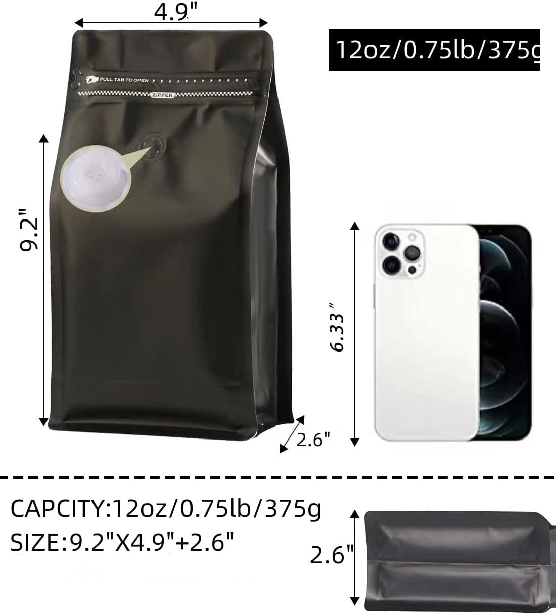 Coffee Bags with Valve(12 oz,3/4 lb,100pcs) Black High