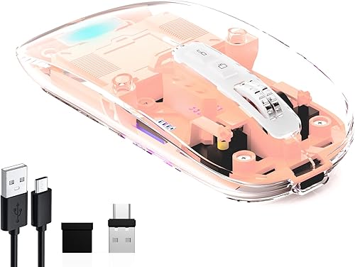 Mouse inalámbrico transparente para computadora, mouse Bluetooth recargable, pantalla de alimentación, DPI, acceso directo, Bluetooth trimodo