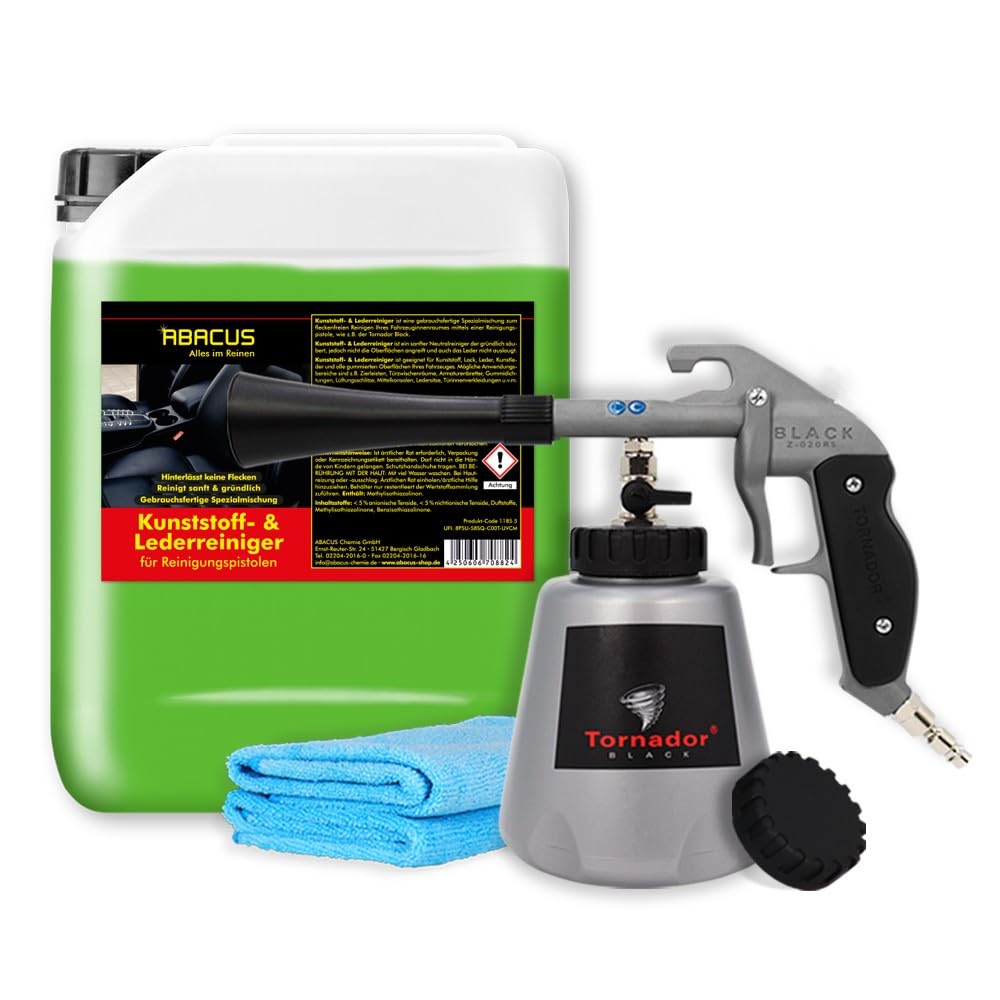 ABACUS Tornador® Black Z-020RS mit bewährtem Kunststoffreiniger & Lederreiniger 5L + Mikrofasertücher, Kunststoffreinigungsset, Lederreinigungsset, Reinigungspistolen Set (7425.2)