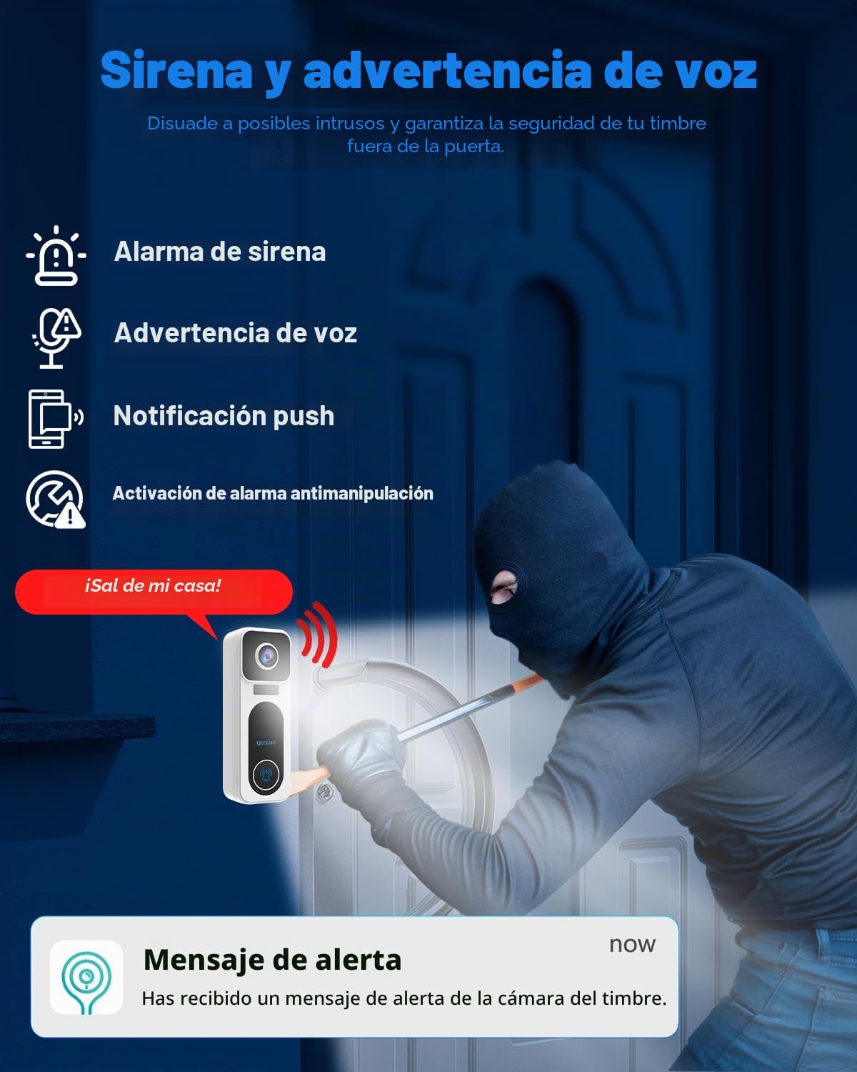 UCOCARE Timbre Inalámbrico con Cámara Exterior Impermeable, 4MP QHD WiFi Videoportero Timbre, Tarjeta de Memoria de 32 GB Incluida, Sin Tarifa de Suscripción Mensual, Detección Humana,Visión Nocturna