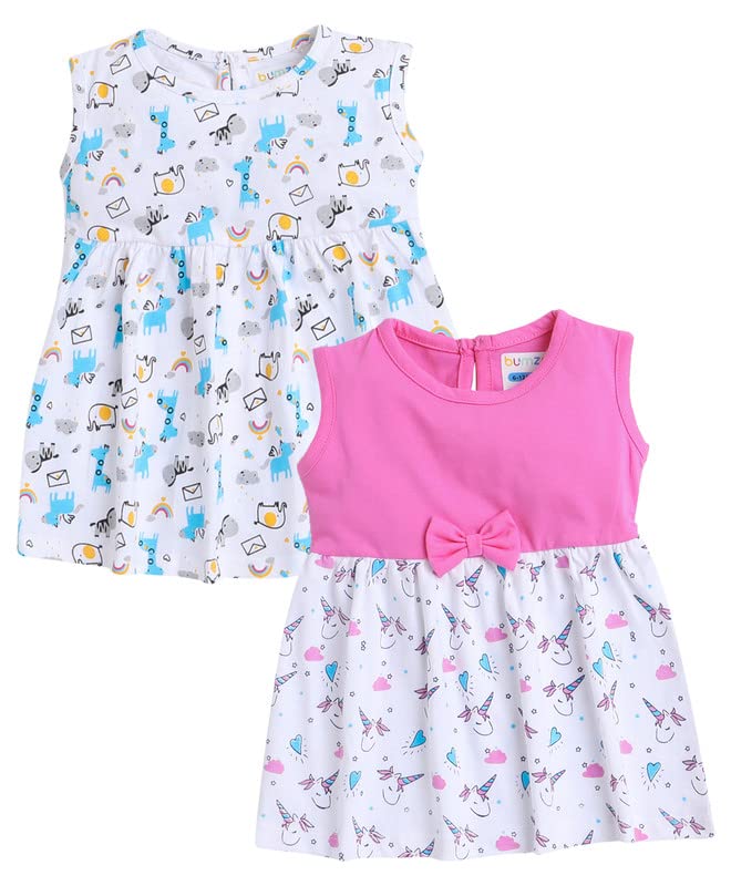 Image of BUMZEE White & Off White Girls Sleeveless Frocks Pack of 2