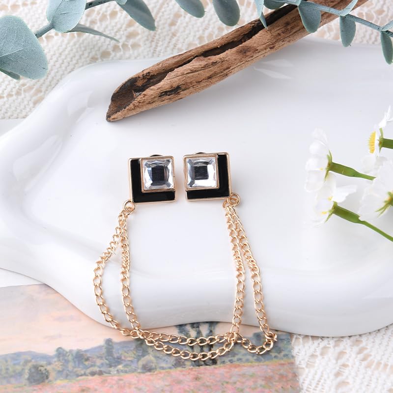 Image of Gem Brooch Pins Hanging Chain Lapel Pin for Men Suits Shirt Collar Brooch Square Crystal Brooch Pin Rhinestone Lapel Pins for Men Tassel Chain Brooch Collar Pins Business Suit Shirt Accessories