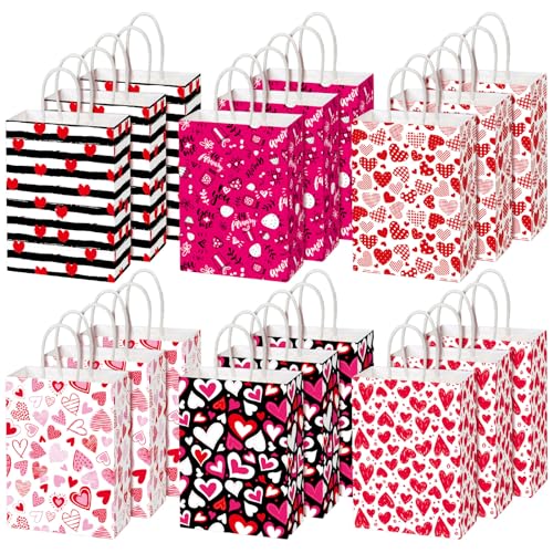 Chivertion 150 Pcs Valentine's Day Gift Bags with Handle Bulk Galentines Heart Paper Goodie Treat Bags for Valentines Galentines Day Party Favors Gift Wrapping Supplies 6 Style, 8 x 6 x 3 Inches