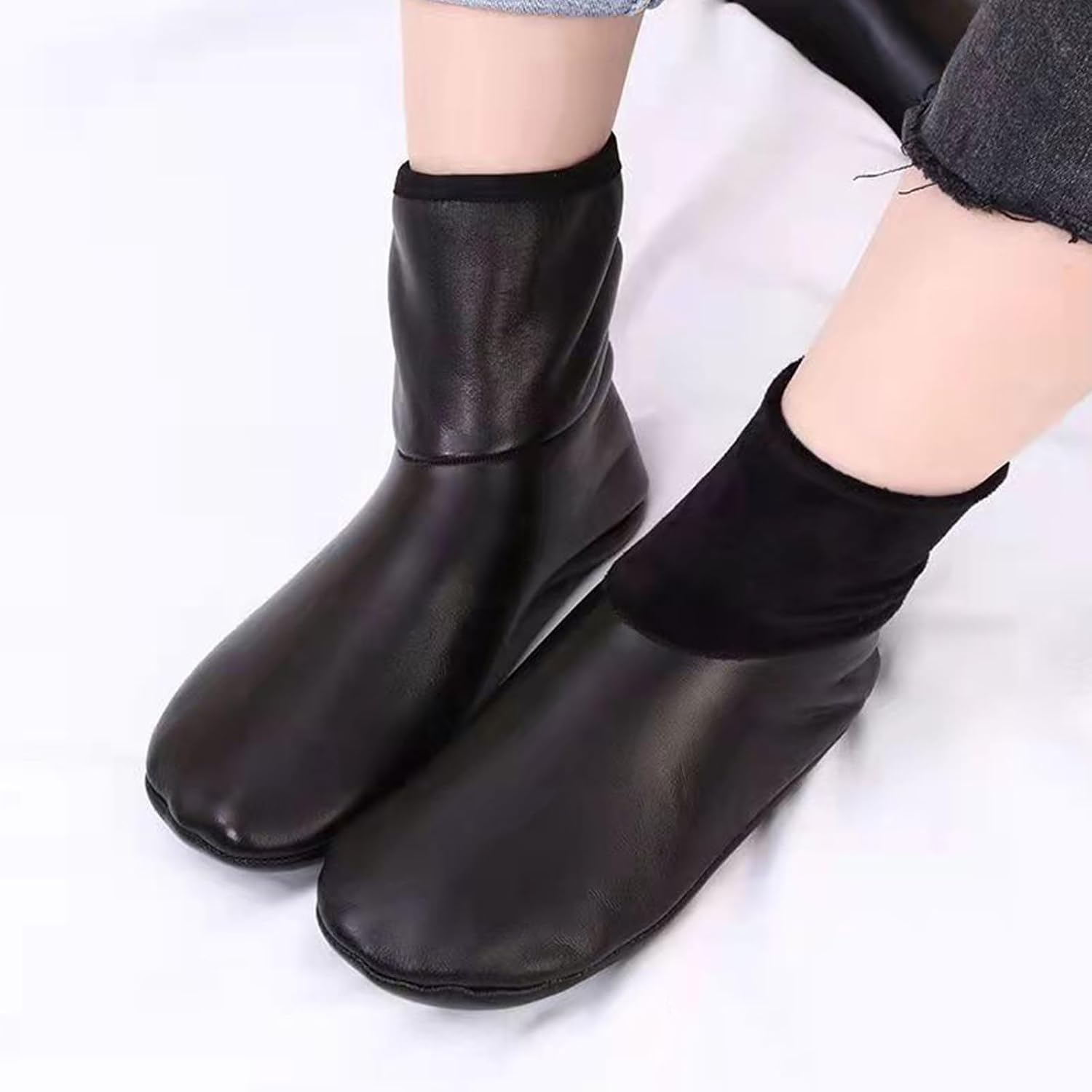 Unisex Thicken PU Leather Slipper Socks Home Indoor Outdoor Cold Weather Thermal Warm Fleece Lined Floor Socks Adult for All