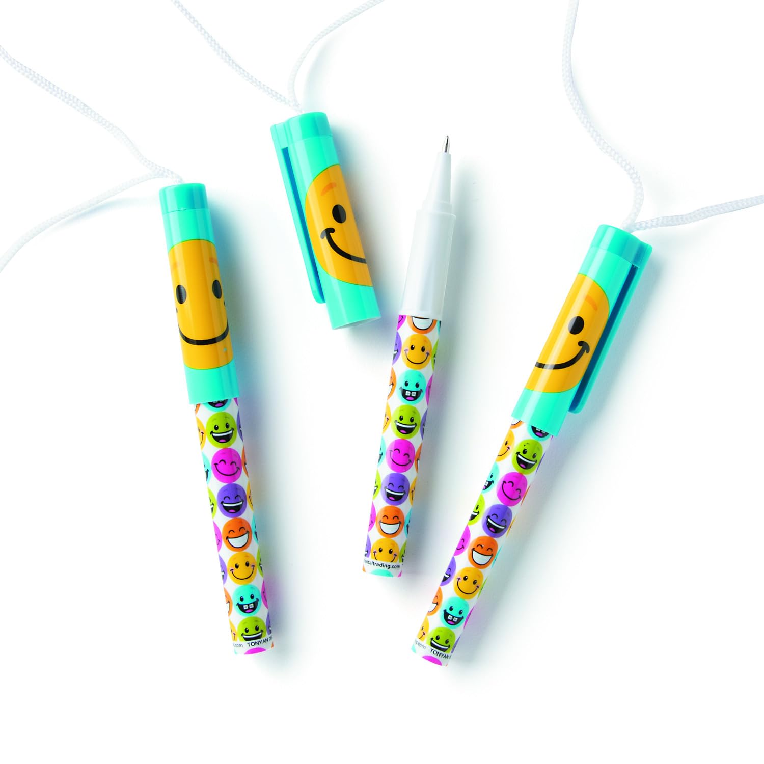 Fun Express 5" Multicolor Smile Face Plastic Pens on a Rope - 12 Pieces - Great For School Treasure Chests, Birthday and Party Favors