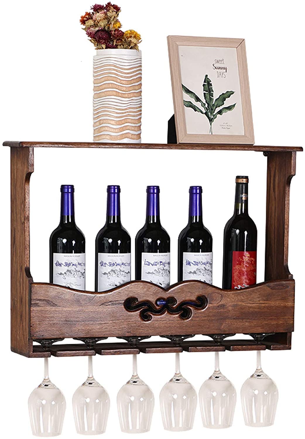 Porte-bouteilles muraux en bois vintage avec support pour verres à pied et liège