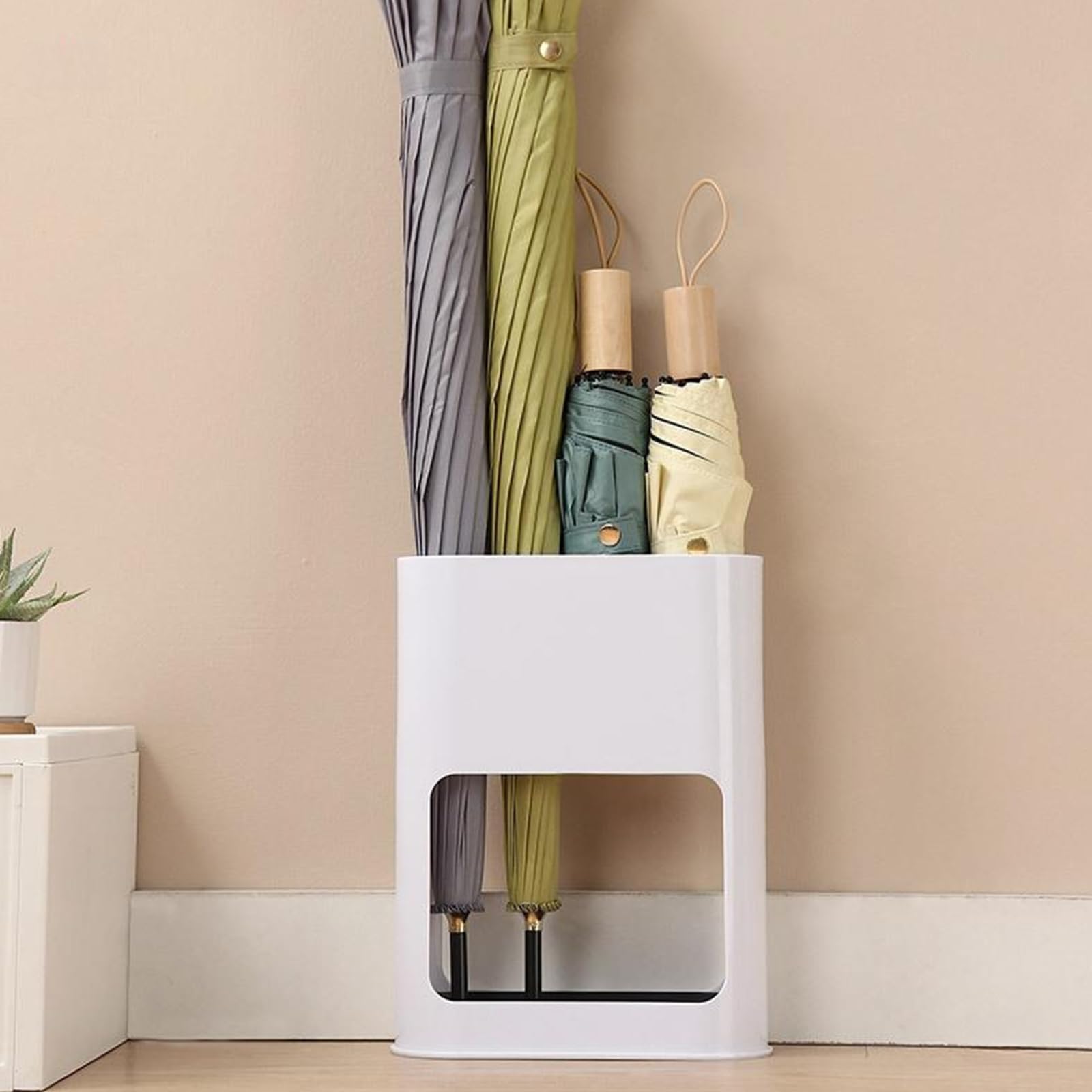Porte Parapluie 4 Compartiments avec Bac d'Égouttage Amovible Armature Blanche 28 x 21.8 x 9 CM