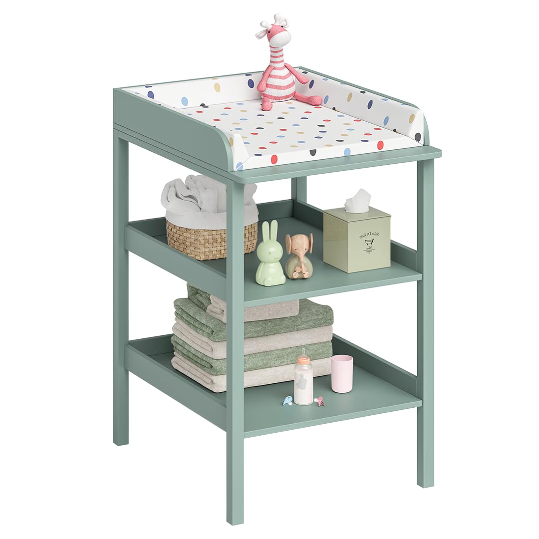 Bellabino Bani Wickelkommode aus Holz in Mintgrün – Wickeltisch schmal mit 2 offenen Ablageflächen – Wickelregal rückenschonend mit 86 cm Höhe – große Wickelfläche von 70 x 53 cm
