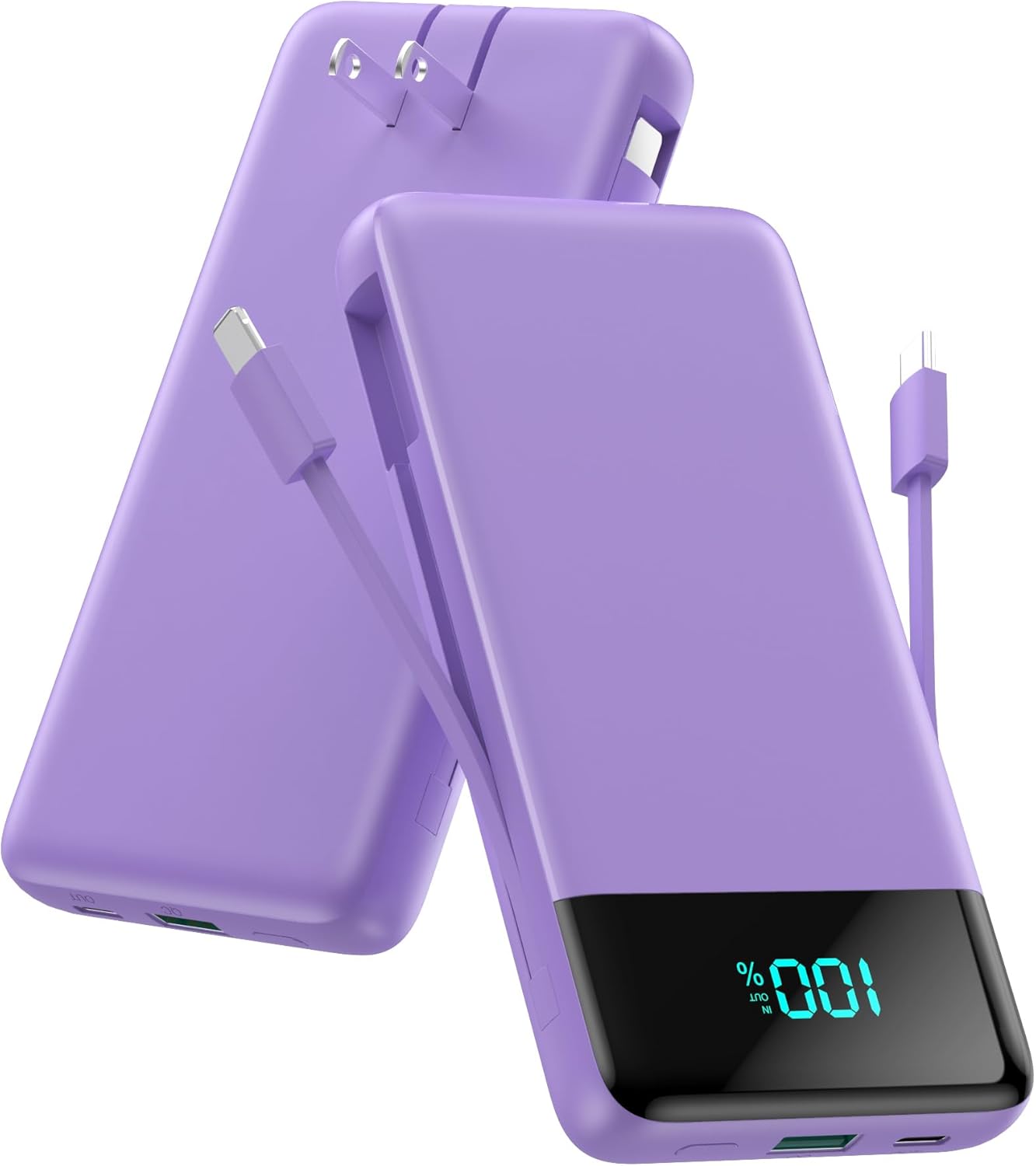 Portable Charger for iPhone,13800mAh Slim Power Bank with Built-in Cables & AC Wall Plug,All in One 4 Outputs USB C Fast Charging Battery Pack for iPhone 17/16/15/14,Android,Travel Essential (Purple)