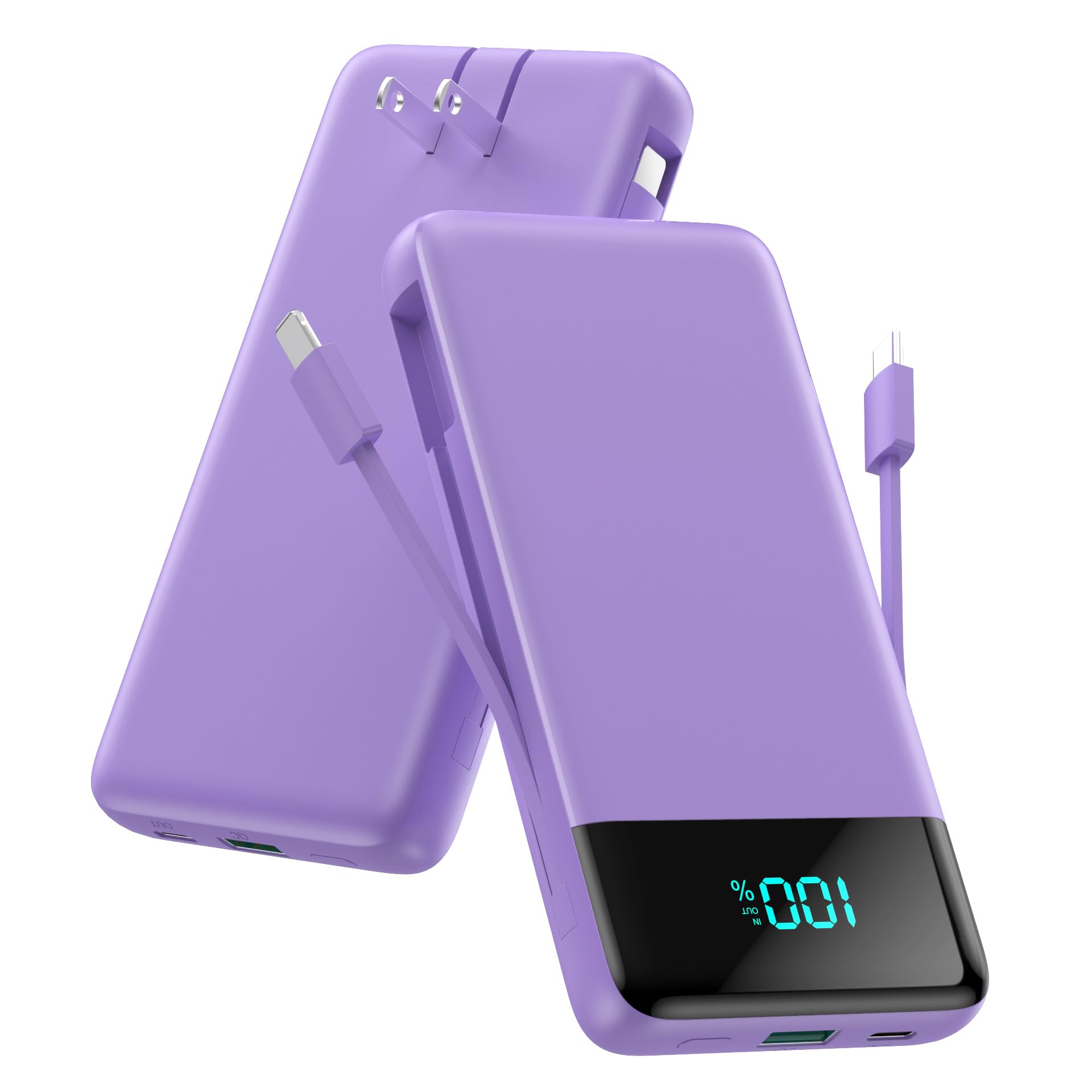 Portable Charger for iPhone,13800mAh Slim Power Bank with Built-in Cables &amp; AC Wall Plug,All in One 4 Outputs USB C Fast Charging Battery Pack for iPhone 17/16/15/14,Android,Travel Essential (Purple)