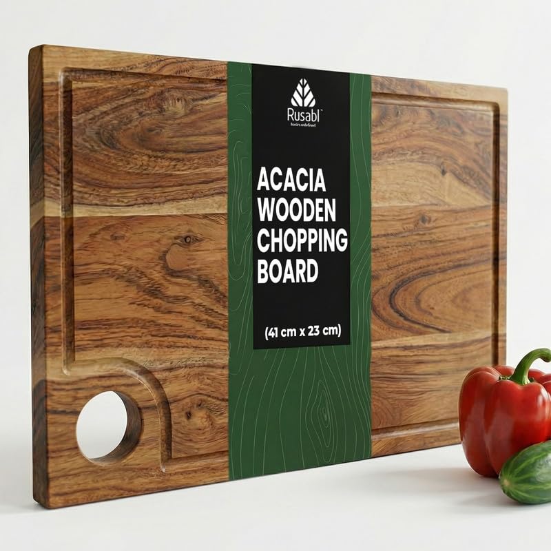 Image of Rusabl EcoWood Terra Acacia Wood Chopping Board, 40.6 x 22.9 x 1.5 cm, XXL | Handcrafted End Grain Rectangular Cutting Board for Fruits & Vegetables