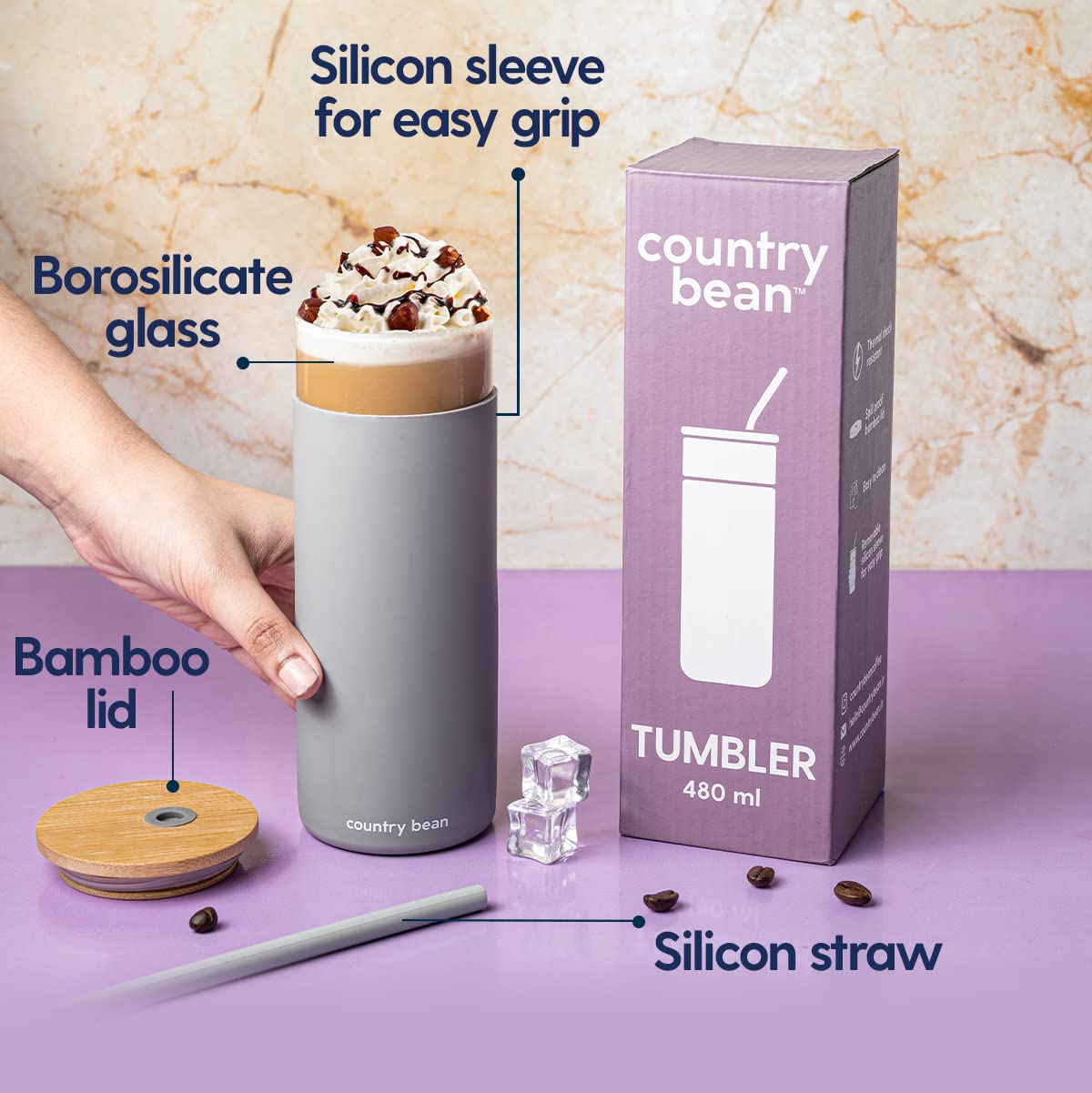 Country Bean Cold coffee bundle of Grey Borosilicate glass tumbler with silicon sleeve 480 ml and Hazelnut flavoured coffee 50g | Enjoy this combo hot or cold