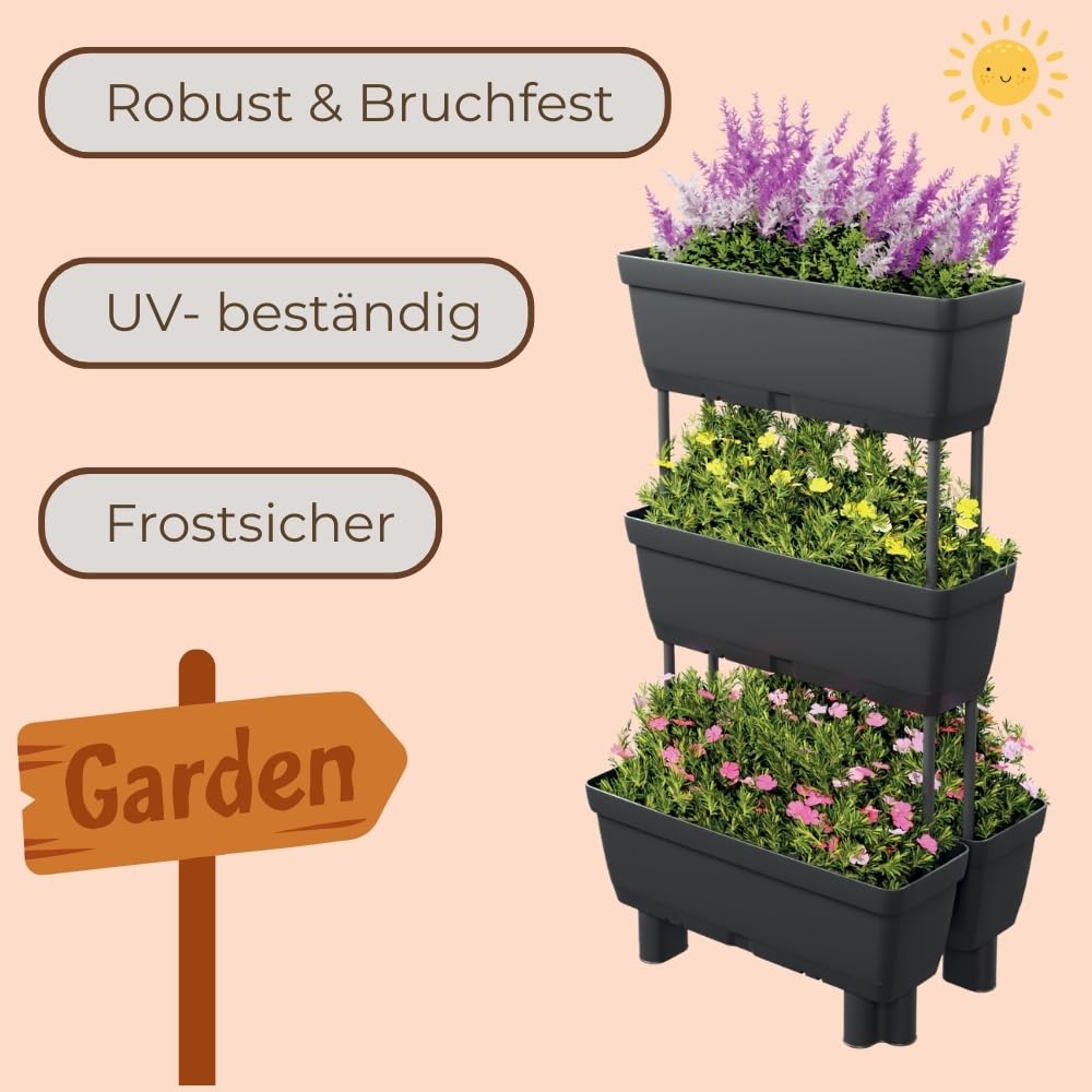 2er Set Pflanzkübel mit Sichtschutz Hochbeet Balkon 3 Etagen Vertikalbeet mit Sichtschutz Blumenkasten Balkon Hoch Pflanzentreppe Pflanzpyramide Hochbeet Garten