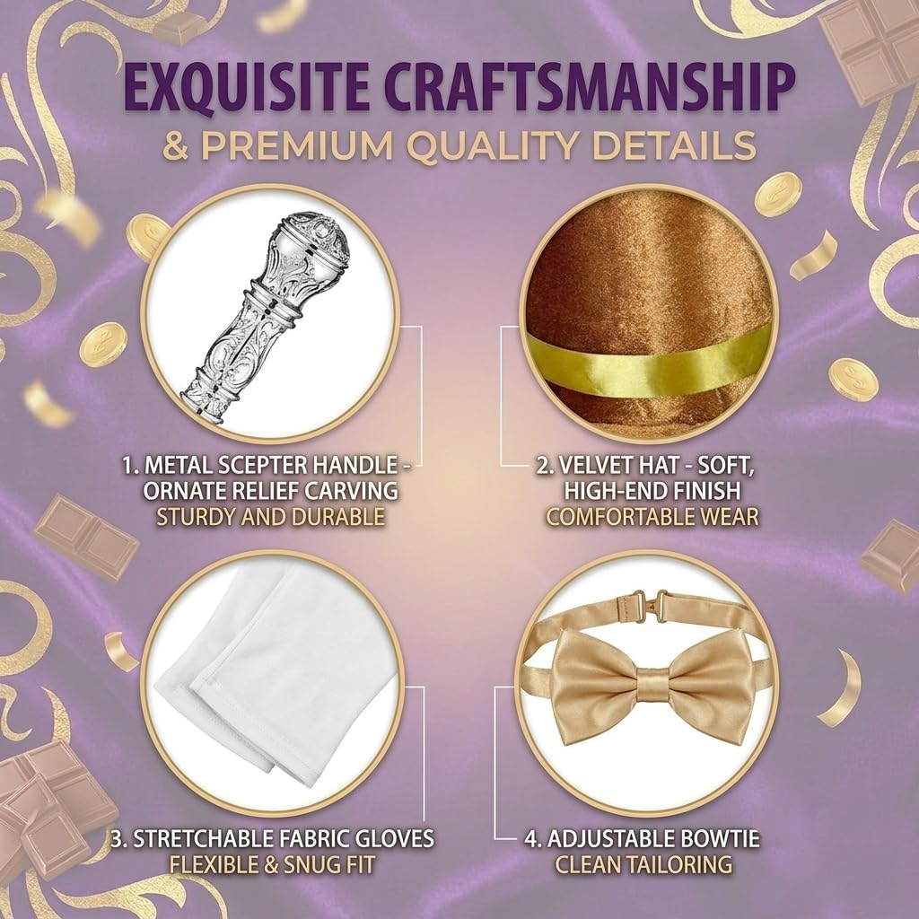 Halloween Chocolate Factory Costume, Chocolate Top Hat Accessories Set 5 Pcs Hat Sunglasses Scepter Bowtie Gloves for Adult Men Women Magic Movie Character Dress Up Parade Cosplay Dance Recitals