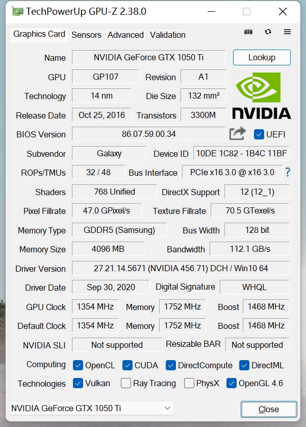 GPU-Z screenshot for GTX 1050 Ti