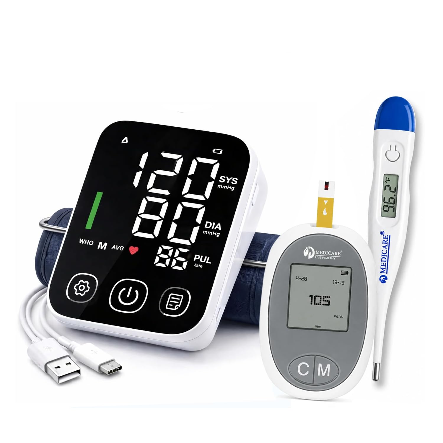 Rechargeable Blood Pressure Monitor, Glucometer Set & Digital Thermometer Combo | Home Health Care Kit | BP, Blood Sugar & Temperature Monitoring (RECOMB-100)-image-5