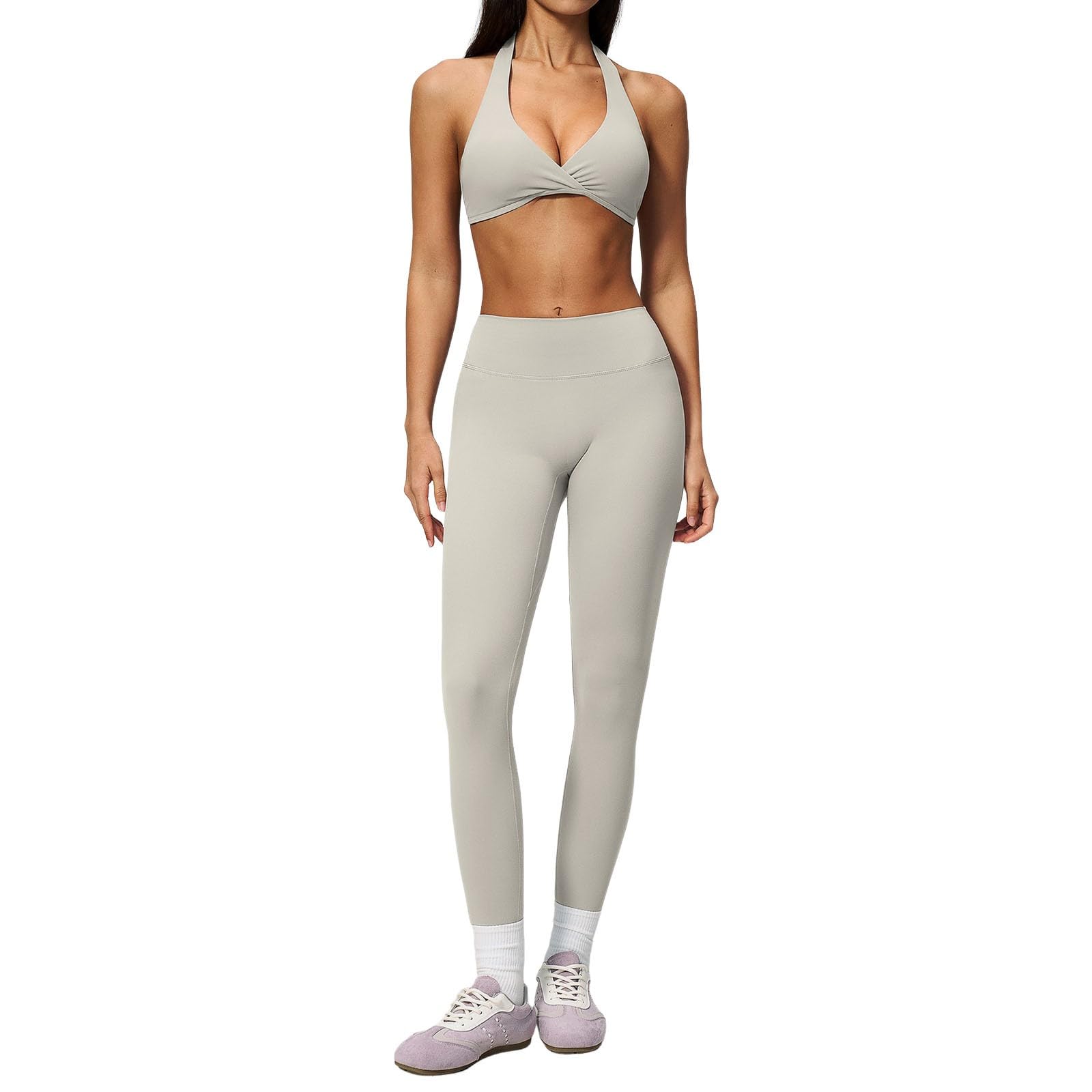 Generisch Reggiseno sportivo da donna con allacciatura al collo, a vita alta, due pezzi, abbigliamento sportivo, per fitness, spalline sottili, abbigliamento estivo, reggiseno imbottito, leggings a