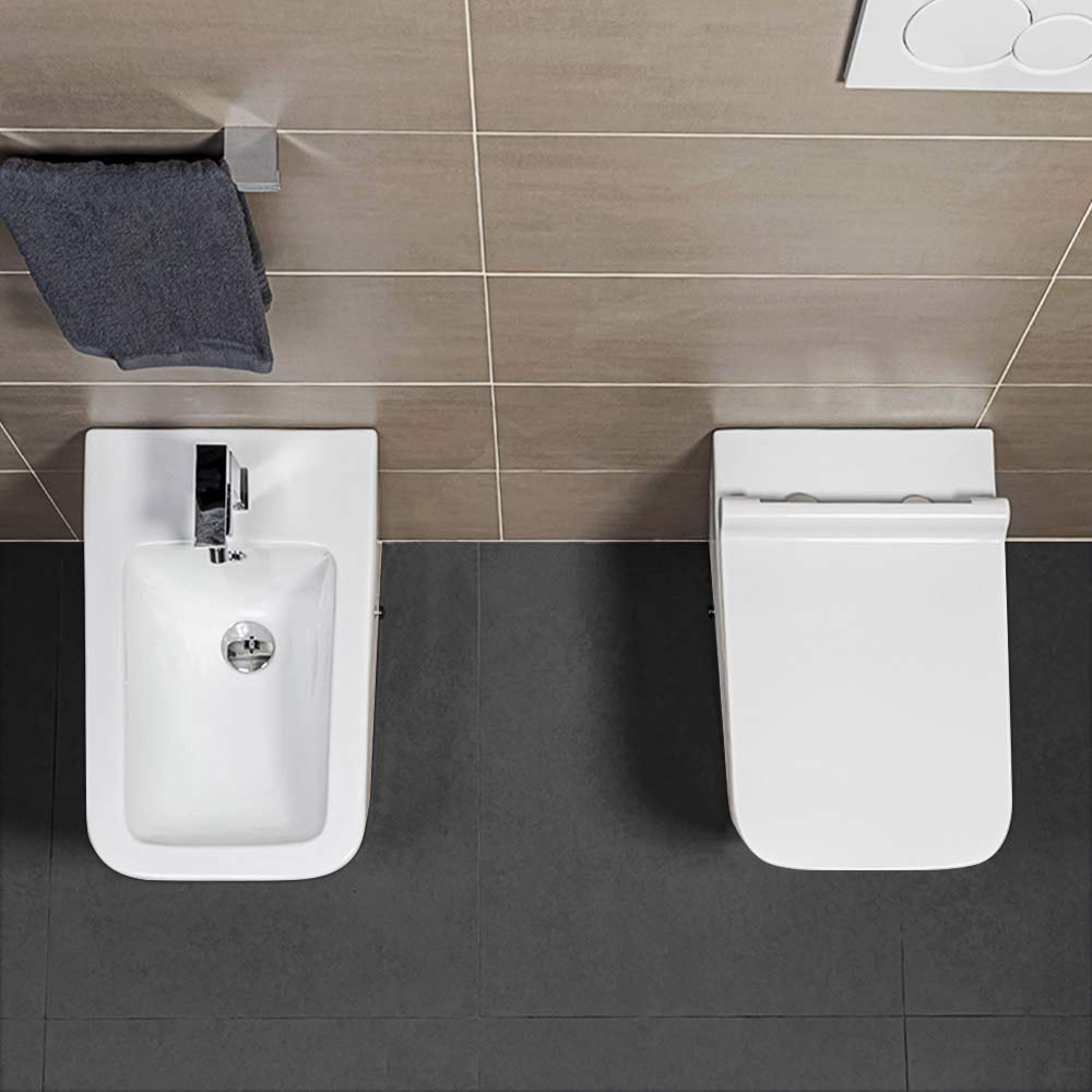 Coppia Sanitari Filo Muro o filoparete Rimless, Bianco, Design squadrato moderno, Completo di Copriwater con Chiusura Soft-Close (Bianco Lucido)