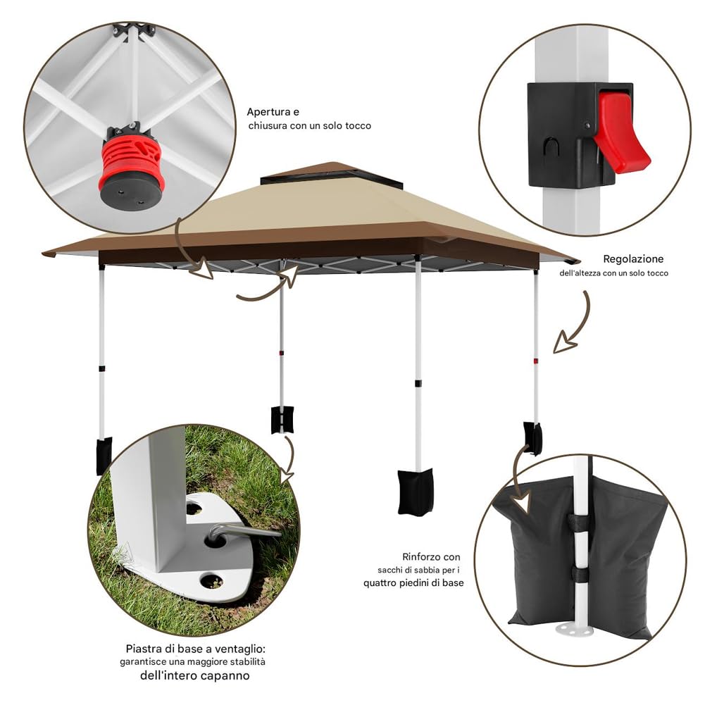BAKAJI Gazebo Pieghevole One touch 3.6 x 3.6 M, Rivestimento in PU Anti UV e Antipioggia, Struttura Acciaio Resistente Intemperie, Borsa con Ruote e Accessori, Ideale per Giardino, Esterno, Terrazzo