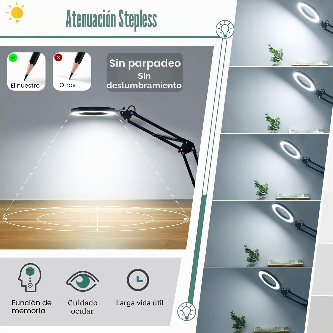 Lupa con Luz Led para Manualidades, 10x Lupas de Gran Aumento con Ajuste de 3Color & Brillo, Lampara con Pinza Metálico & Brazo Ajustable, Lampara Lupa Led con Luz para Costura & Reparación