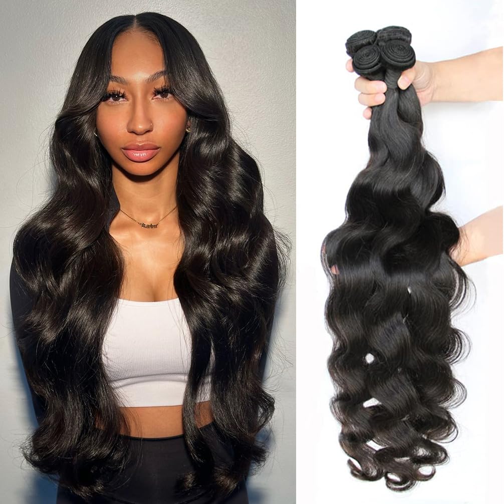 Body Wave 4 Bundles Human Hair 20 22 24 26 Inch, 100% Unprocessed Virgin Human Hair Weave Bundles Deals, 12A Brazilian Wavy Extensions Natural Black Color for Women