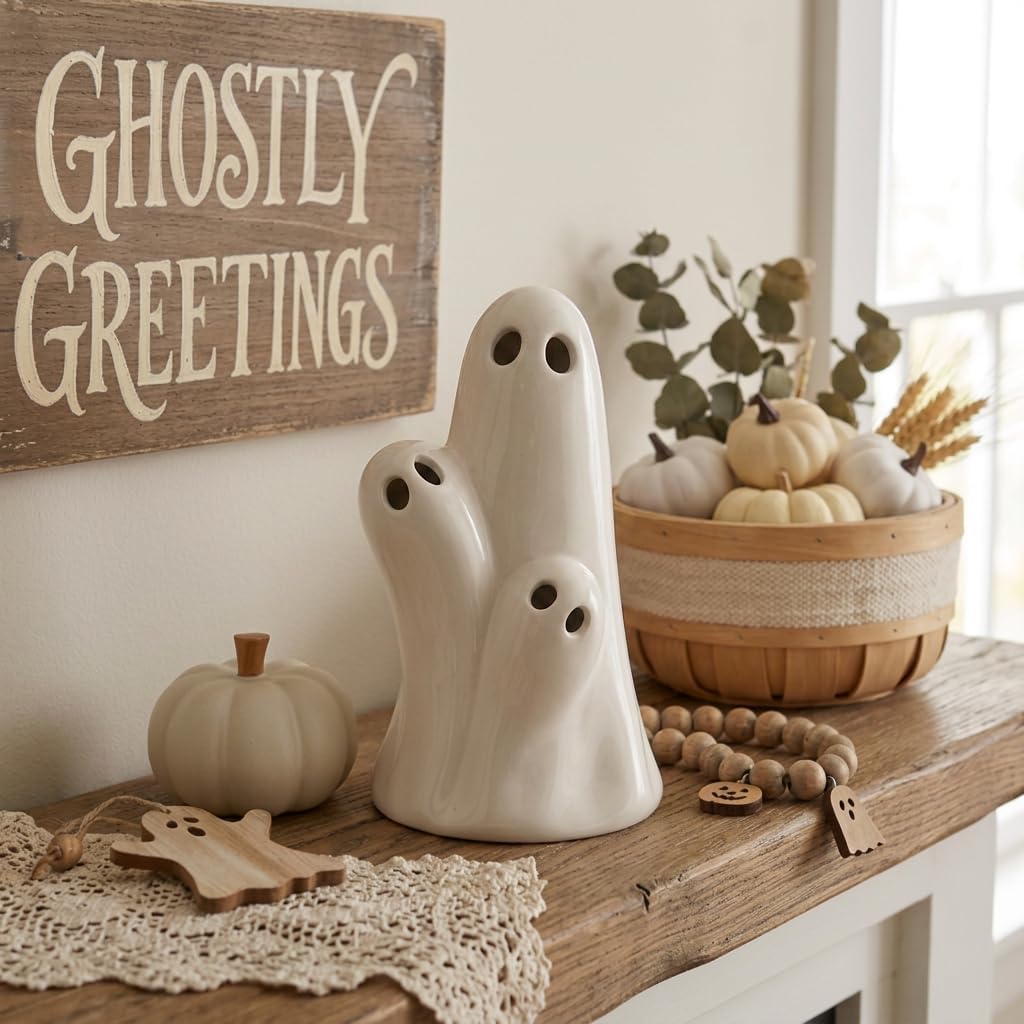 Ceramic Ghost Statue Halloween Light Up Decor | Indoor Cute Ghost Family Figurine, Gift of Halloween Spooky Home Decoration