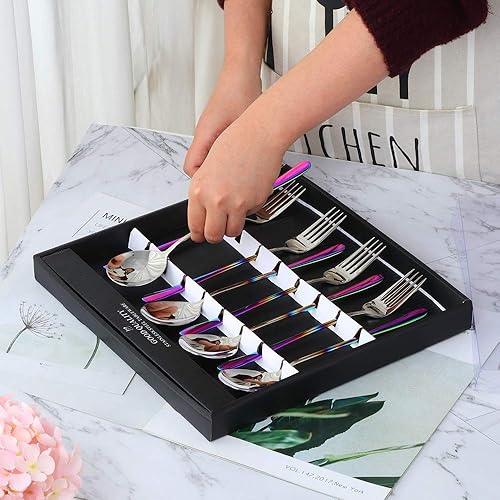 Vista 9 de Buyer Star Juego de cucharas y tenedores de acero inoxidable 18/10, cambio gradual, cuchara y tenedor de mango largo, color degradado, juego