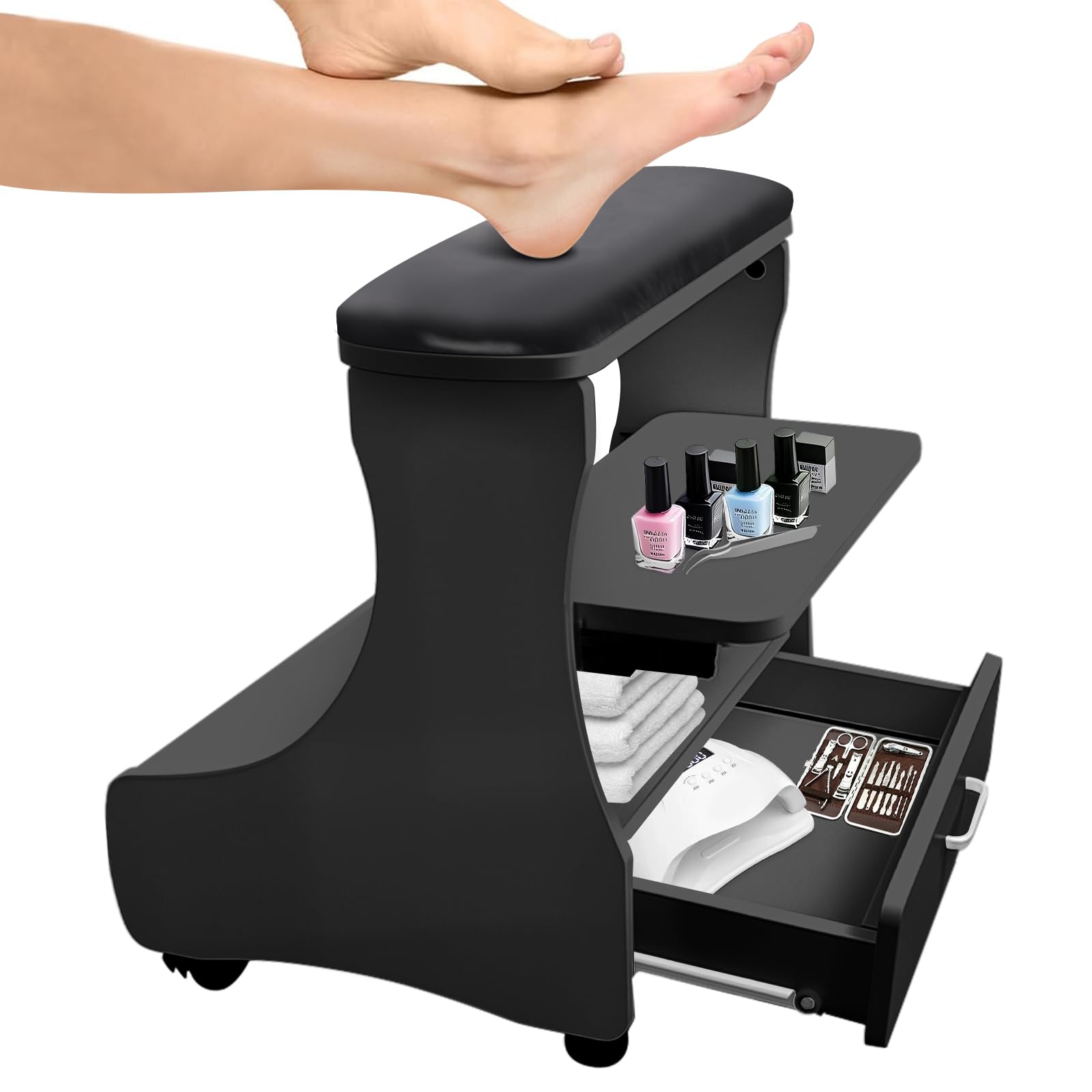 EBANKU Pedicure Foot Rest with Wheels, PU Leather Manicure Foot Stool, Portable Spa Trolley for Home Salon, Nail & Massage Station Easy-Glide Mobile Footrest (Black)