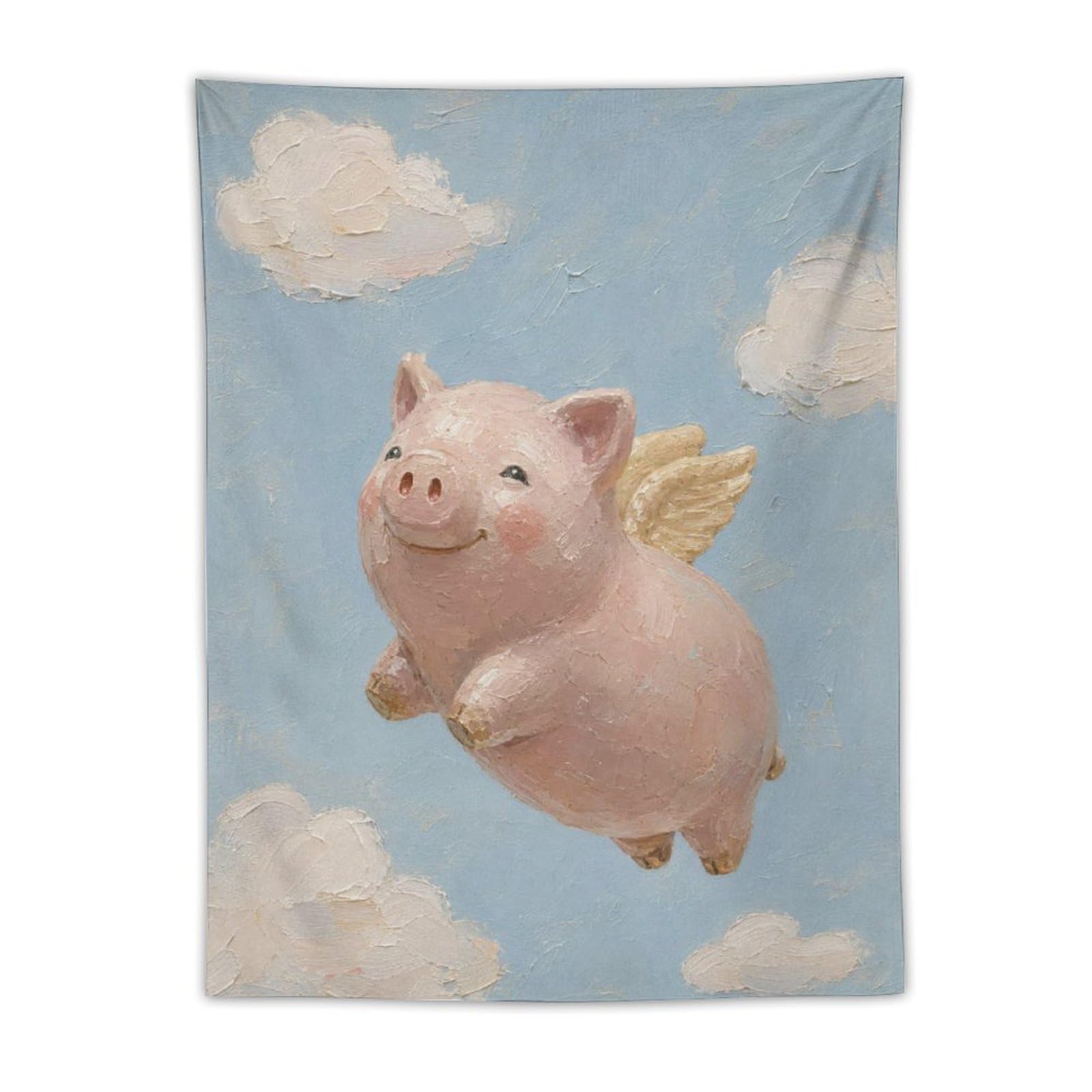 W7C8U2X3 Flying Pig Cloudy Sky Wall Tapestry, Naive Art, Apartment