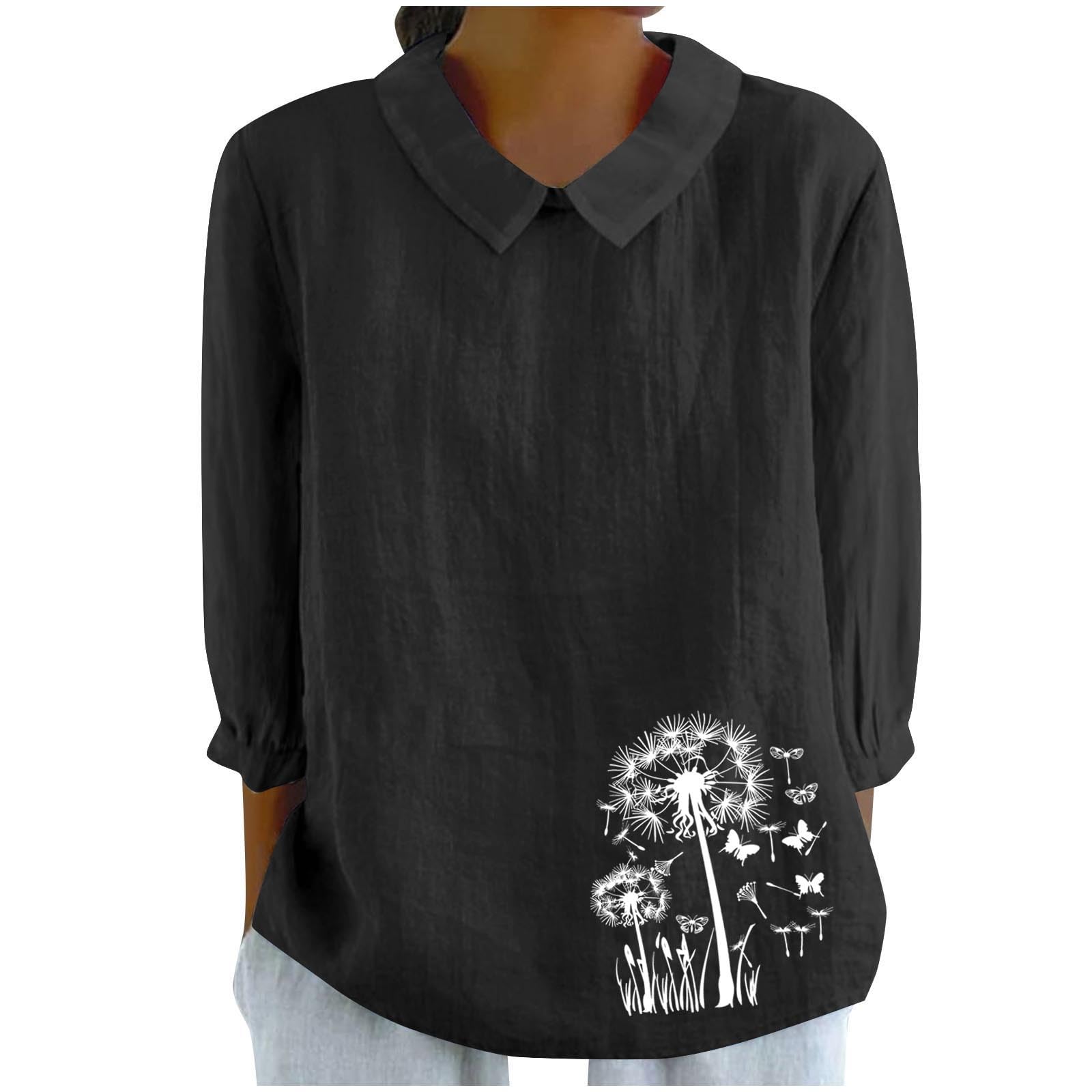Casual 3/4 Sleeve Blouse for Women 2024 Fall Cotton Linen Lapel Neck Shirts UK Fashion Solid Color Dandelion Print Tops Dressy Comfy Loose Fit Jumper Ladies Going Out Clothes