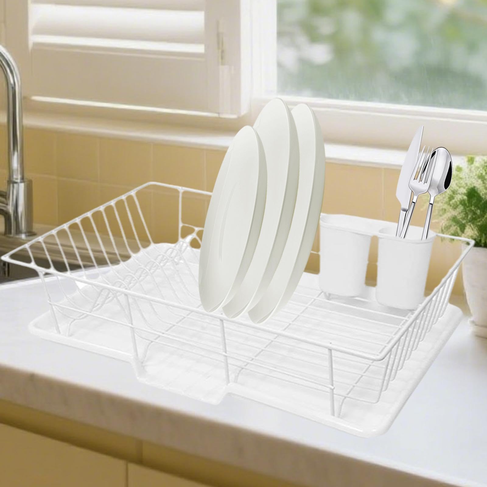 Scolapiatti con Vaschetta Raccogli-gocce, Portaposate, Contenitore per Bacchette, Cucchiaio E Forchetta, Scolapiatti, Scolapiatti per Cucina, Lavello, Bianco