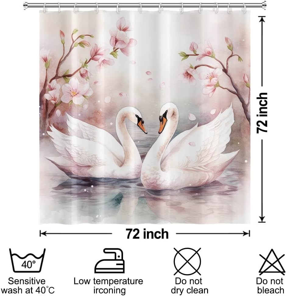 Love Swan Shower Curtain for Bathroom Pink Flowers Trees Bathtub Room Partition Door Divider Curtain Decor White Swans Water Lake River Waterproof Fabric Shower Curtains 72x72 Inches