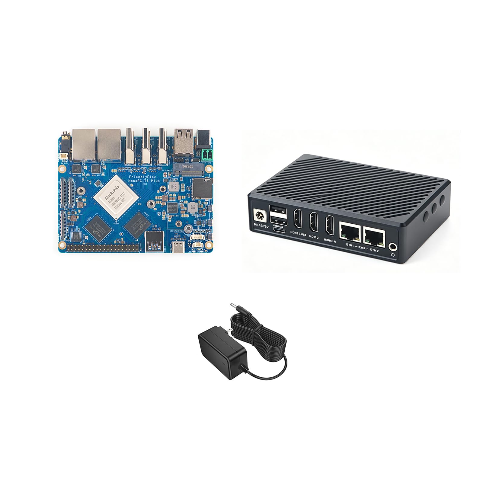 NanoPC-T6 Plus Mini Router WiFi, processore Octa Core RK3588, 16 GB LPDDR5 64 GB eMMC, M.2 B-Key per 4G LTE, supporto Dual 2.5G Ethernet/NVMe SSD/WiFi Module for Smart IoT Gateway (Power Kit, 16 + 64