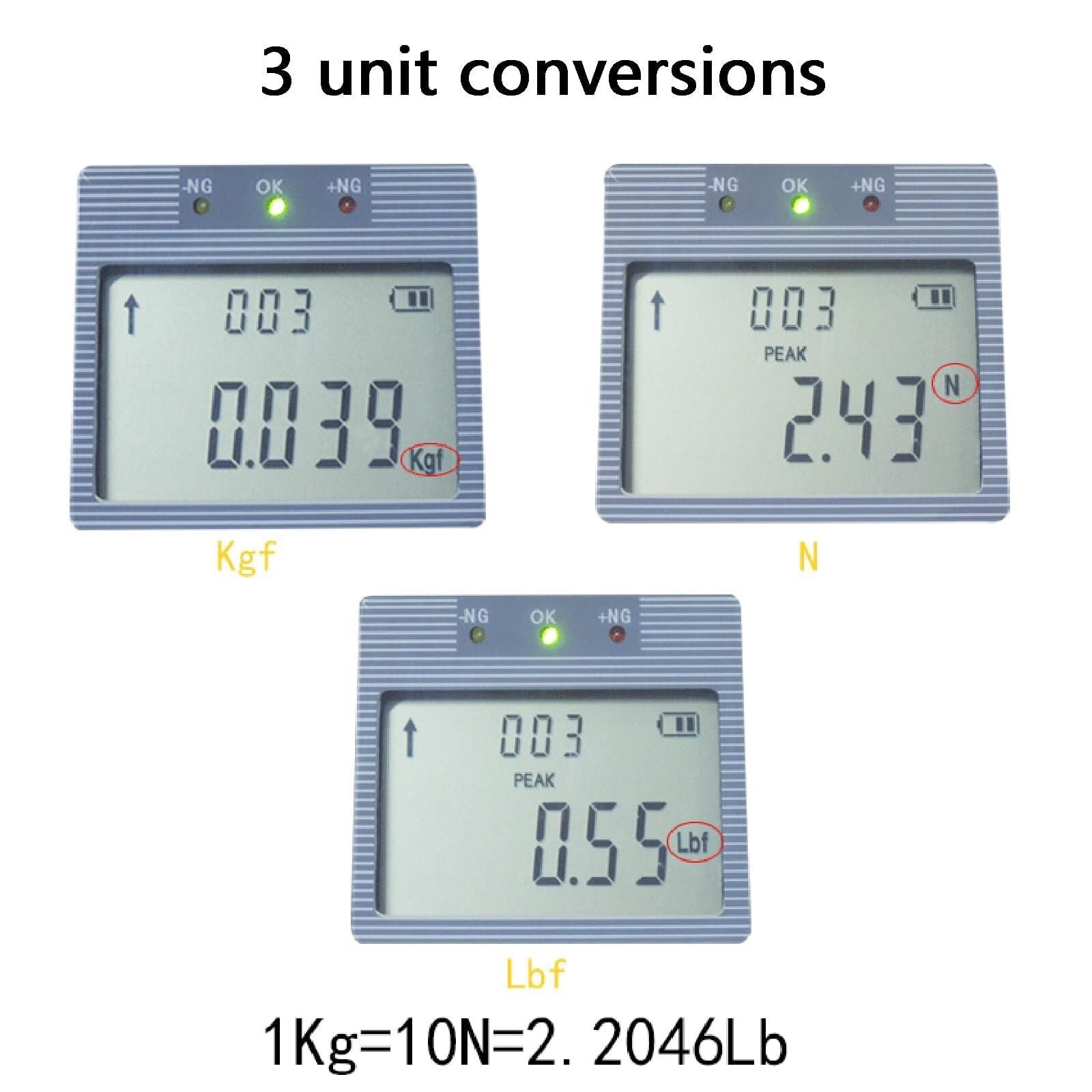 Medidor de Fuerza Digital, con Unidades N/LB/Kg, Pantalla LCD retroiluminada, Recargable, for Pruebas destructivas de Carga de tensión y compresión(300N)