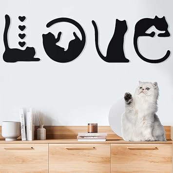 Black Metal Cat Wall Art, 8Pcs 3D Modern Metal Wall Decor, 4pcs Black Cat Wall Sculpture for Living Room & 4pcs Love Signs for Home Decor, Mothers Day Birthday White Elephant Gifts for Women Men