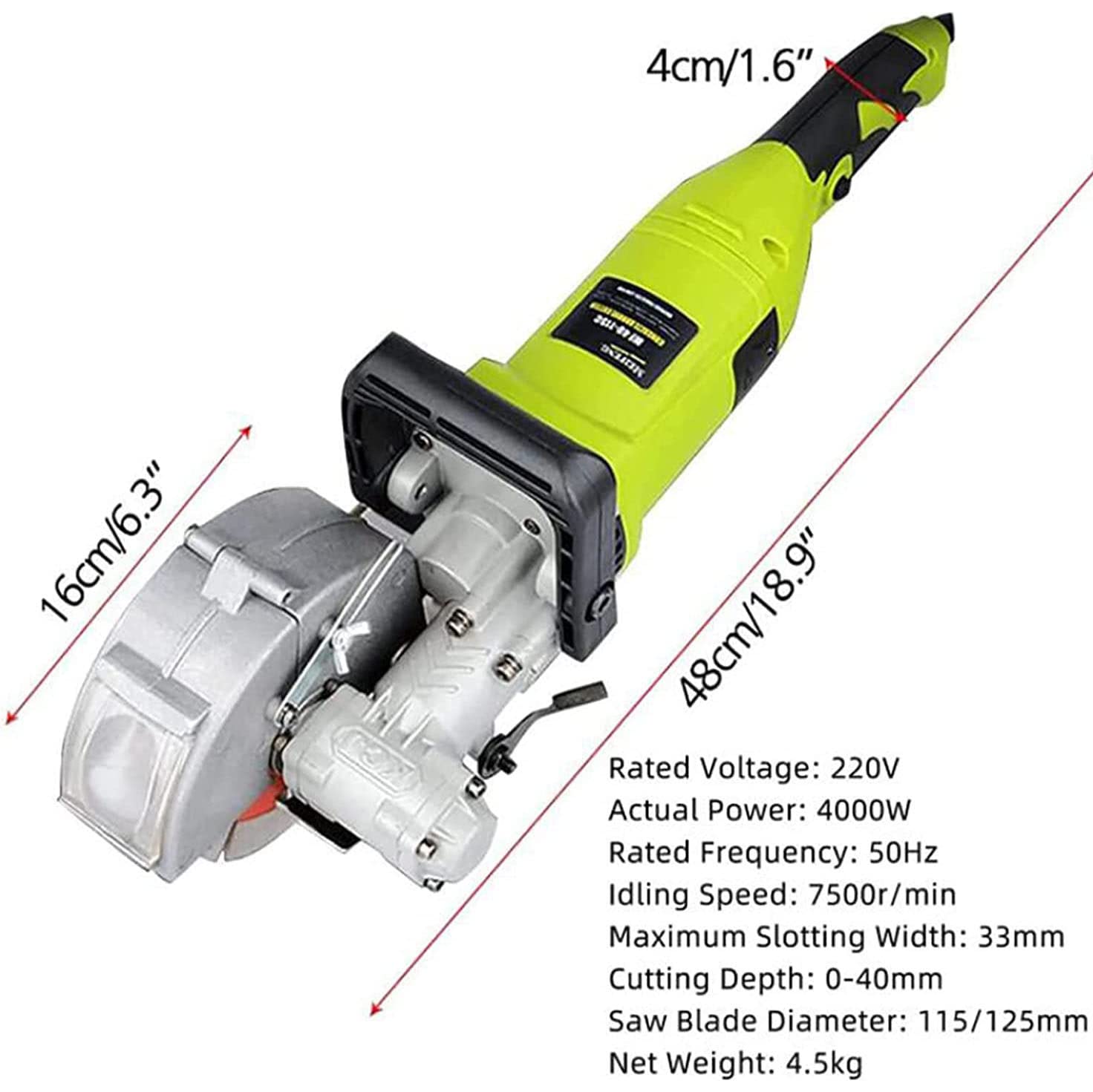 Rozadora de Ranura para la Pared, Rozadora de Pared 5200w Fresadora de Muro 7500u / Min Amoladora Eléctricas Máquina Ranurada con Discos de Corte Diamante,Grün-121MM