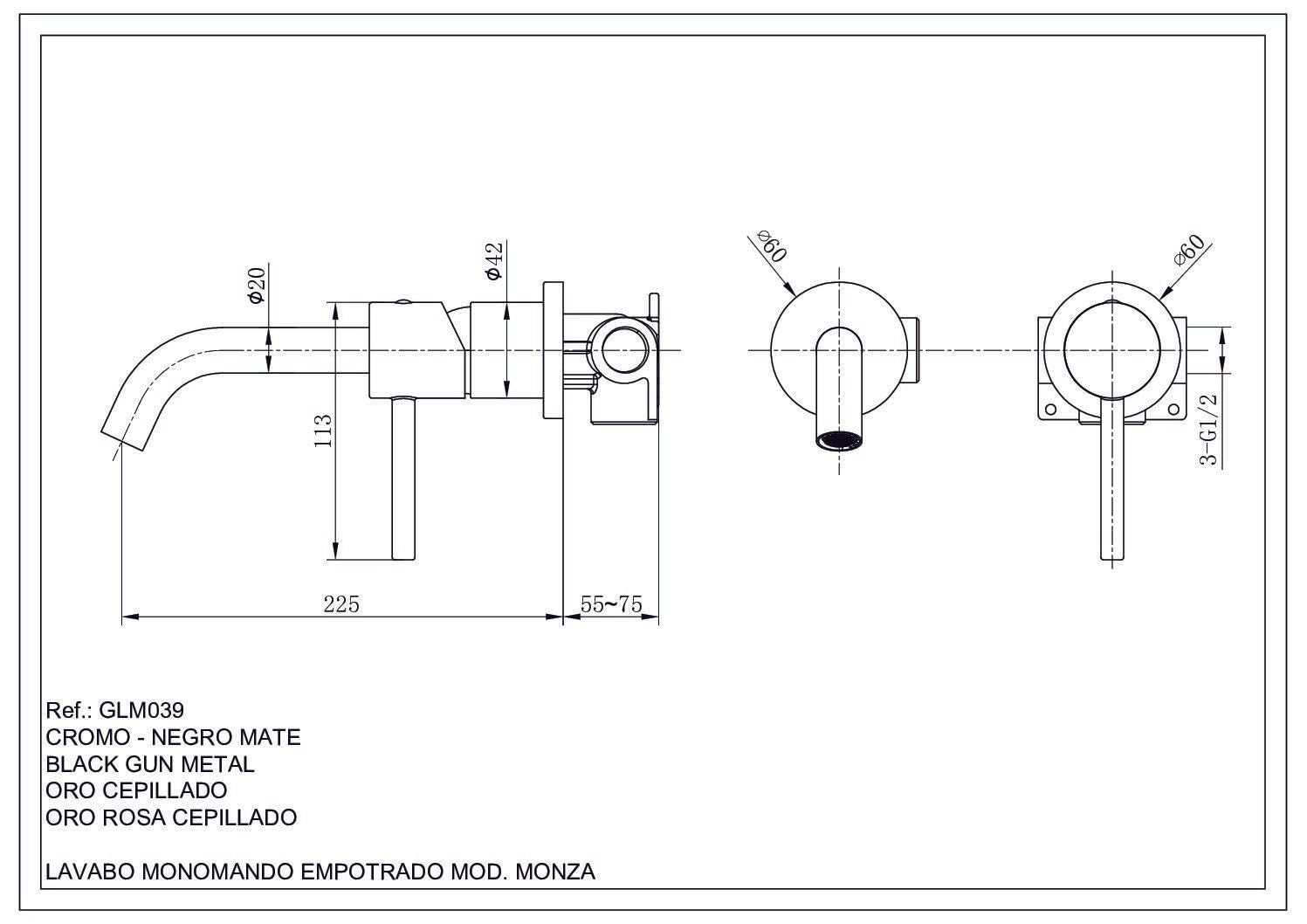 IMEX GLM039/BGM MONZA Grifo Monomando Lavabo Empotrado Black Gun Metal