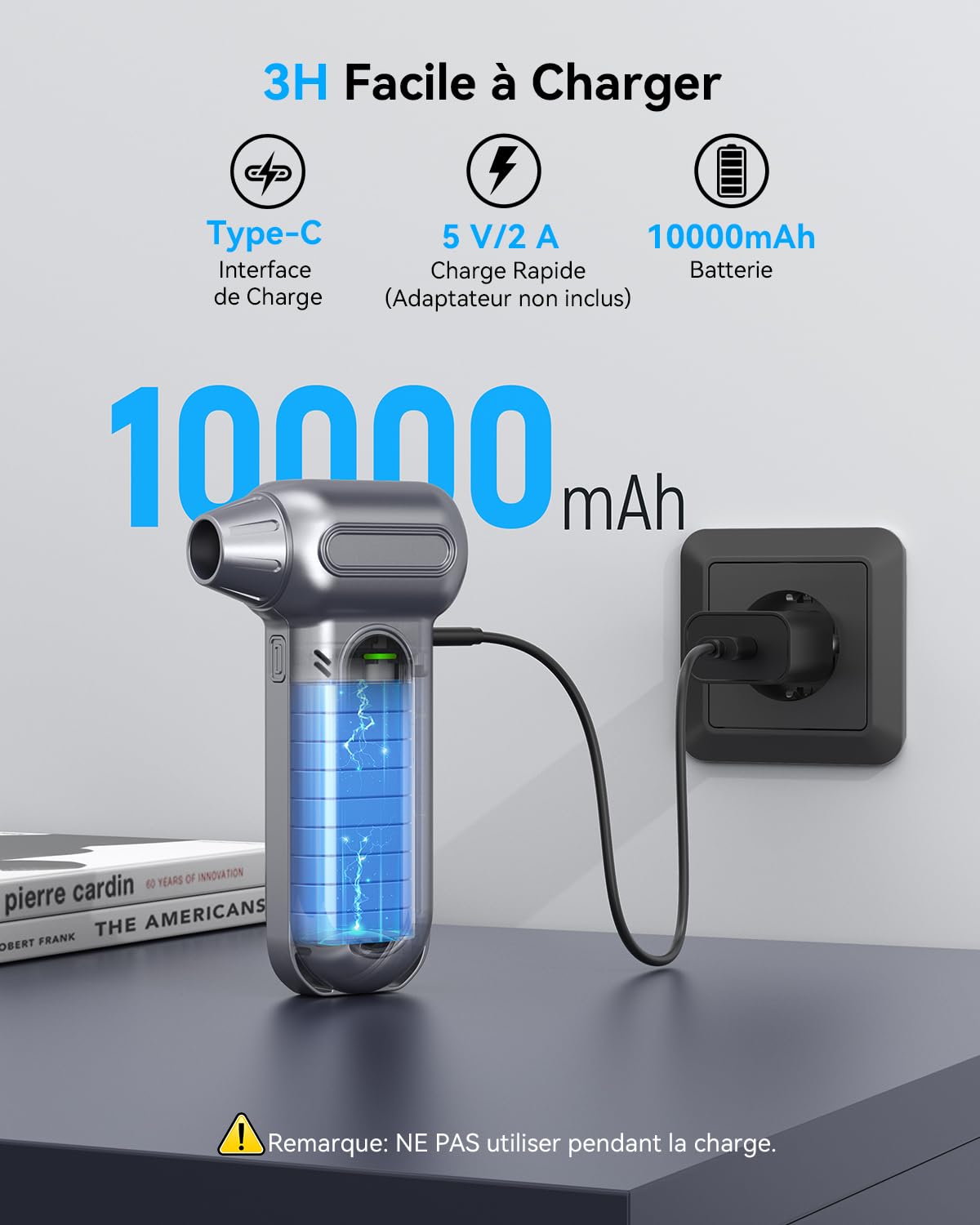 Souffleur Air Comprimé 200000 TR/Min, Mini Souffleur Sans Fil Puissant Souffleur Batterie avec 4 Vitesses, Lumière LED, Soufflette Électrique Nettoyage pour PC, Voiture, Clavier, Ordinateur, Feuille