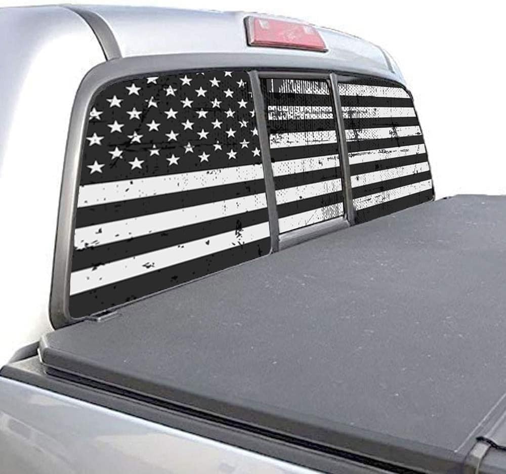 American Flag Window Decal for Pickup Trucks, SUVs, Cars Universal See Through Perforated Vinyl Graphic (Distressed Black & White)