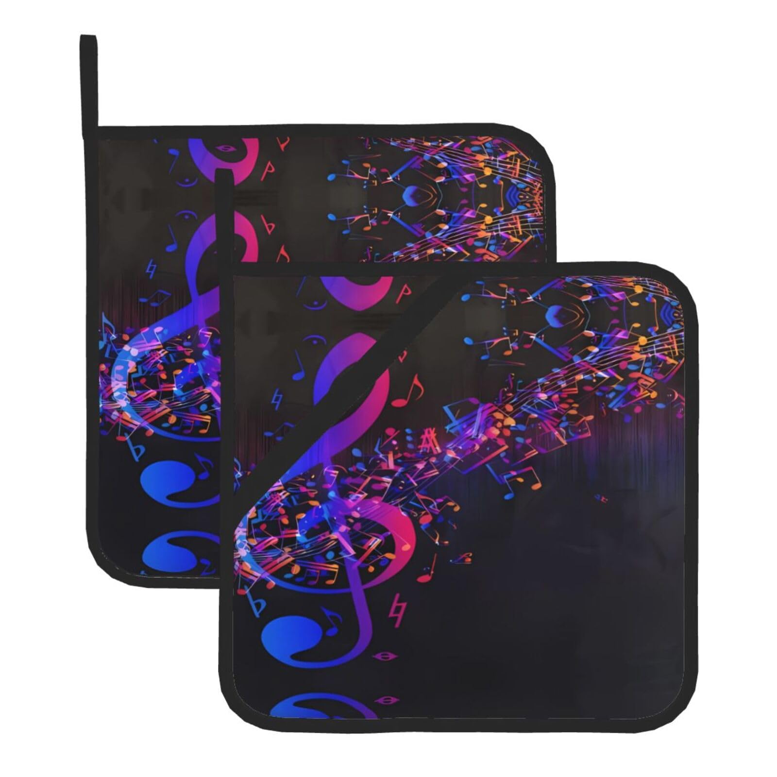 WHJSHOP Colorful Galaxy Music Note Prints Square Hot Pads for Kitchen - Waterproof Pot Covers with Hanging Loops - Thick Heat Resistant Trivets for Serving & BBQ, 2-Piece Set
