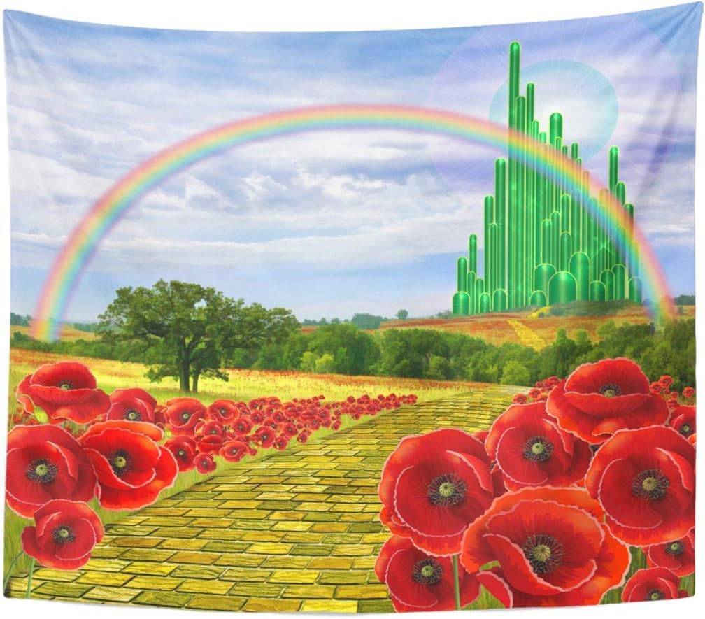 Emvency Tapestry Field Yellow Brick Road Backdrop Leading to Emerald Wizard City Flowers Party Follow Home Decor Wall Hanging for Living Room Bedroom Dorm 50x60 Inches