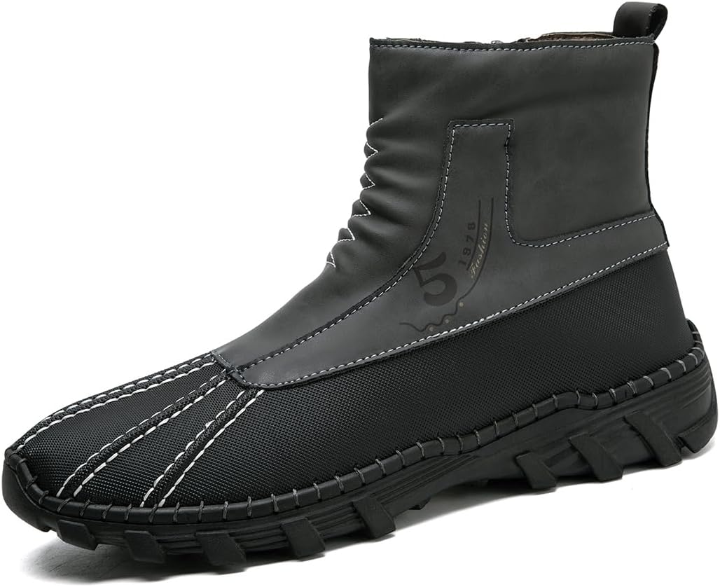 Mens Hiking Boots Waterproof Winter Snow Boots with Non-Slip Rubber Sole Black Slip Resistant Sneaker Boot Outdoor Mid top Walking Motorcycle Riding Shoes