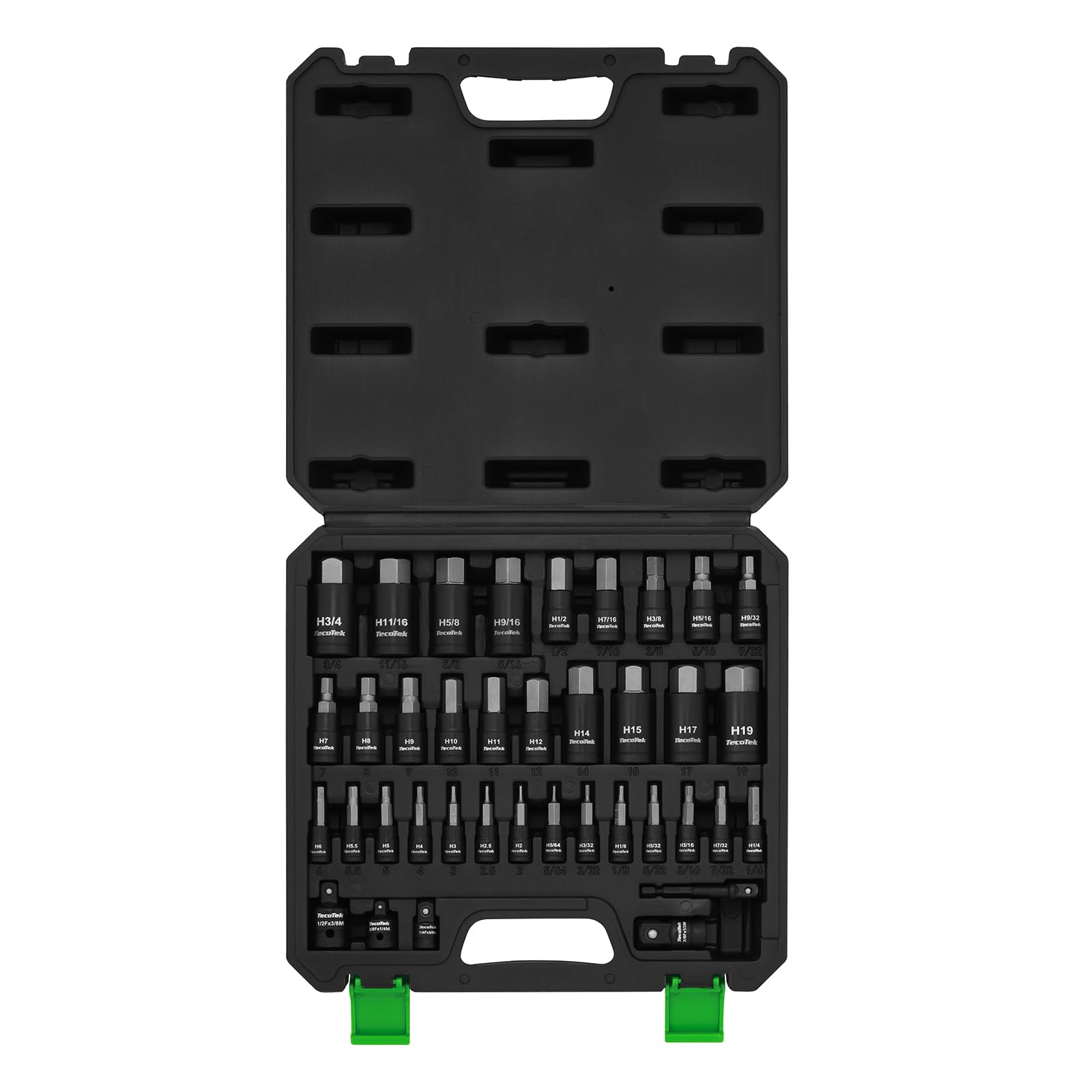TecoTek 38PCS Hex Impact Bit Socket Set, 1/4", 3/8" and 1/2" Drive, SAE and Metric Allen Socket Bit, S2 and Cr-V Steel, S2 Steel, 5/64" - 3/4", 2mm - 19mm, Includes 5PCS Socket Adapters