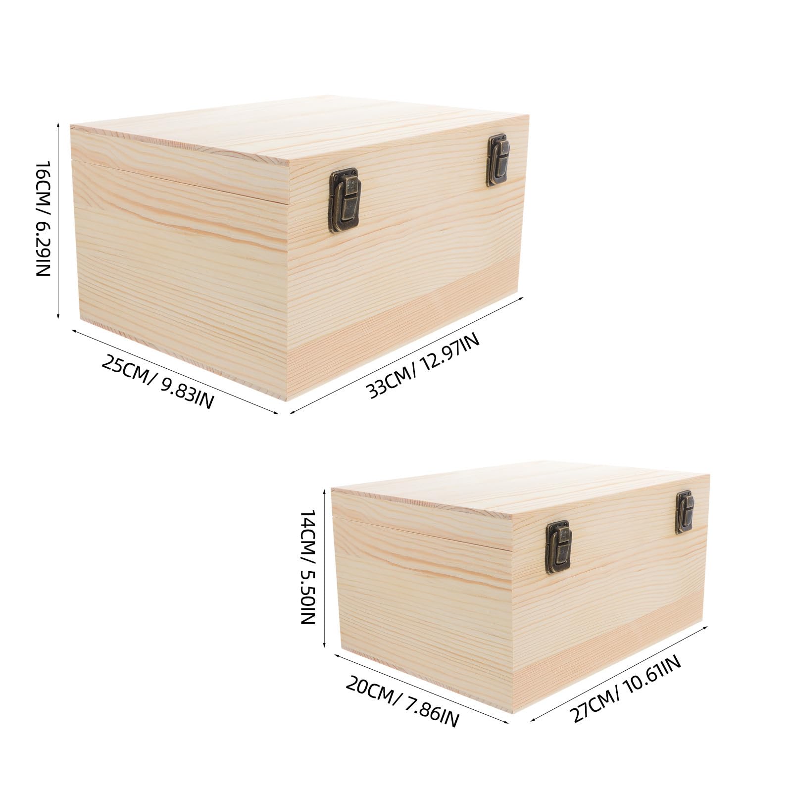 Mikikit 2 Stück Große Holzkiste aus Unbehandeltem Kiefernholz mit Scharnierdeckel Selbstgemacht Bemalbare Aufbewahrungsbox mit Doppeltem Verschluss für Schmuck und Bastelbedarf Zuhause